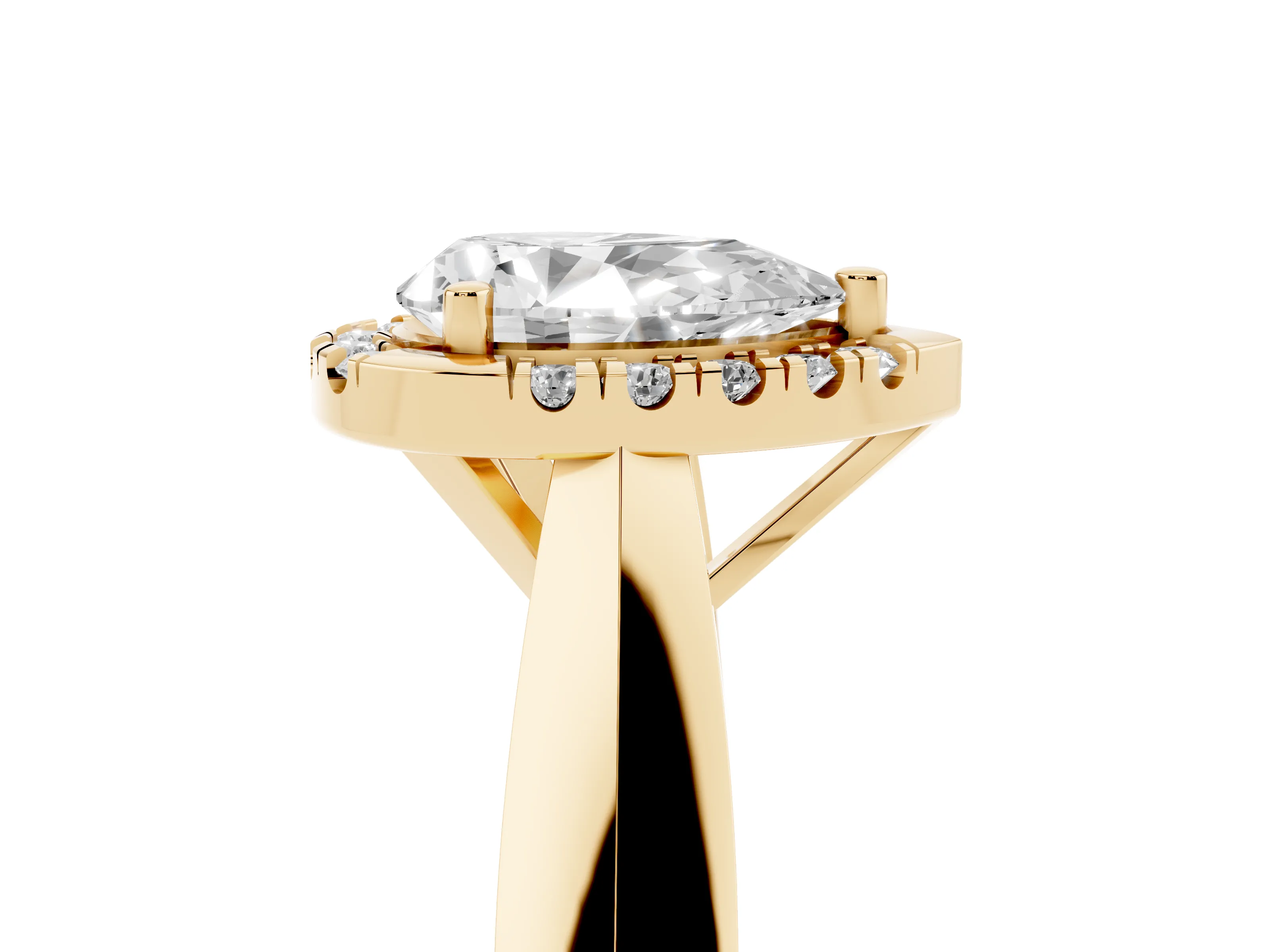 Pear Cut Diamond Halo Solitaire Engagement Ring Set in Yellow gold with Square Band and Prong Setting