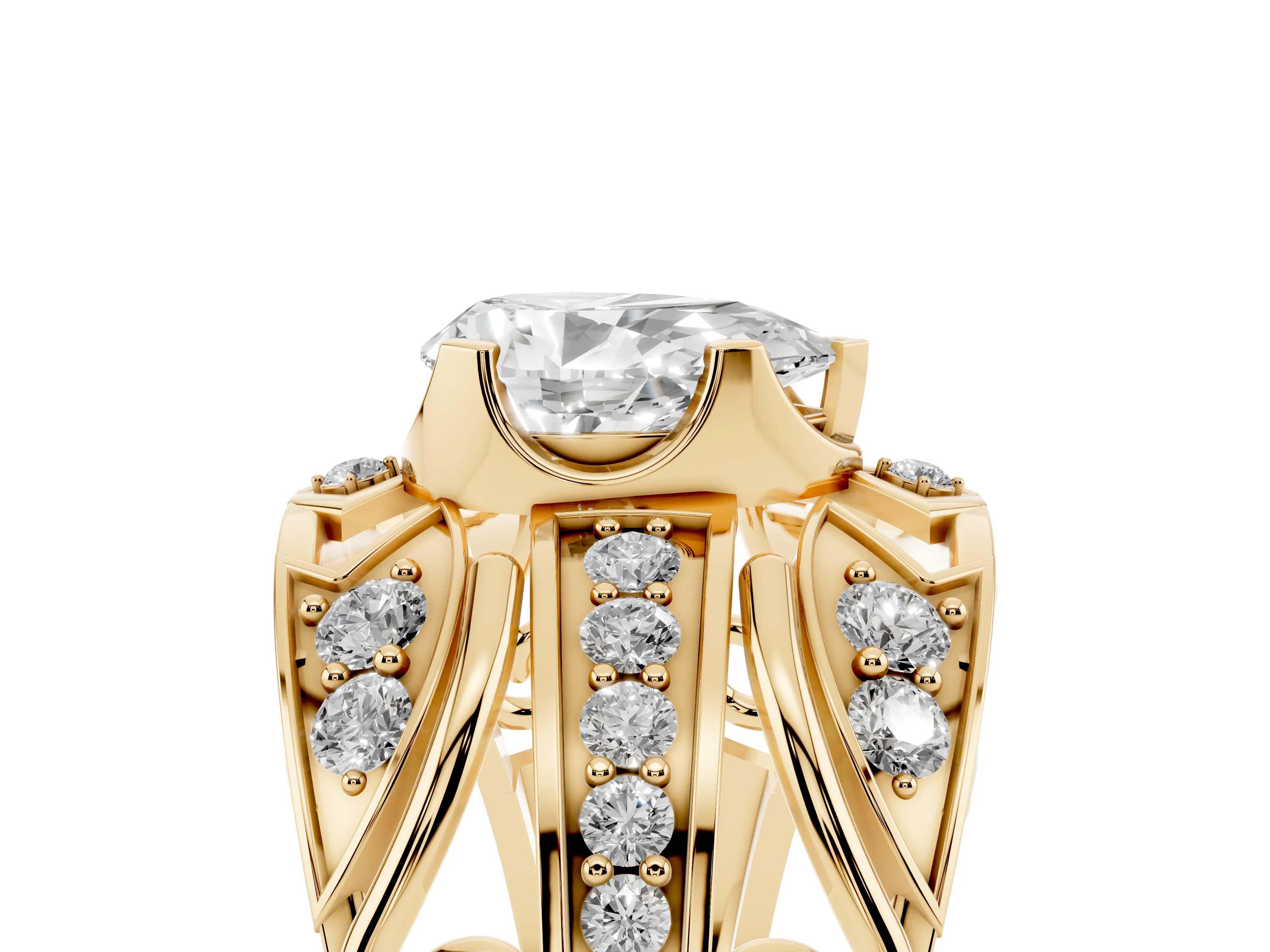 Pear Cut Diamond Art Deco Ring Set in Yellow gold with Pavé Split Shank