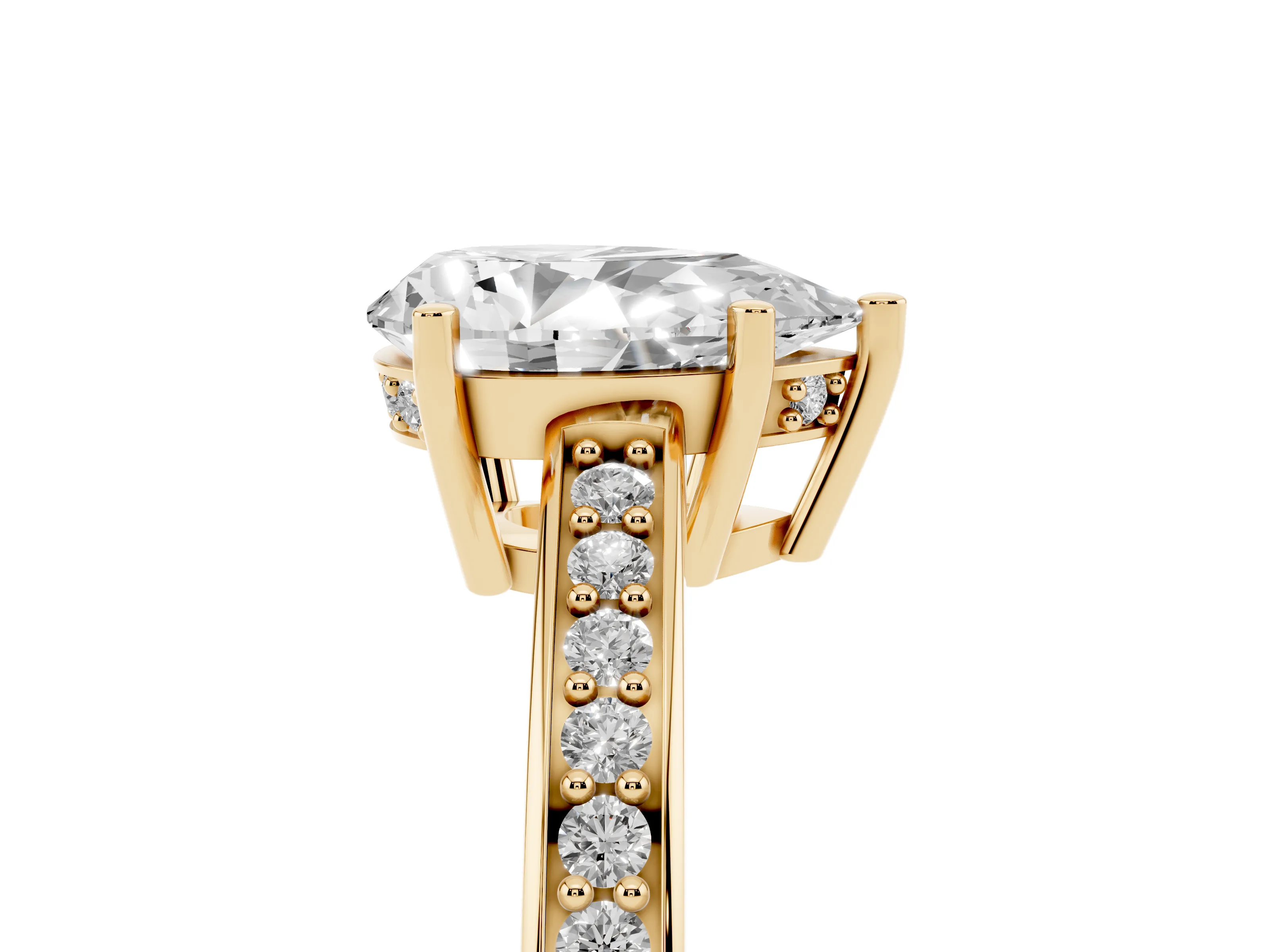 Pear Cut Diamond Pavé Band Prong Set Solitaire Ring Set in Yellow gold