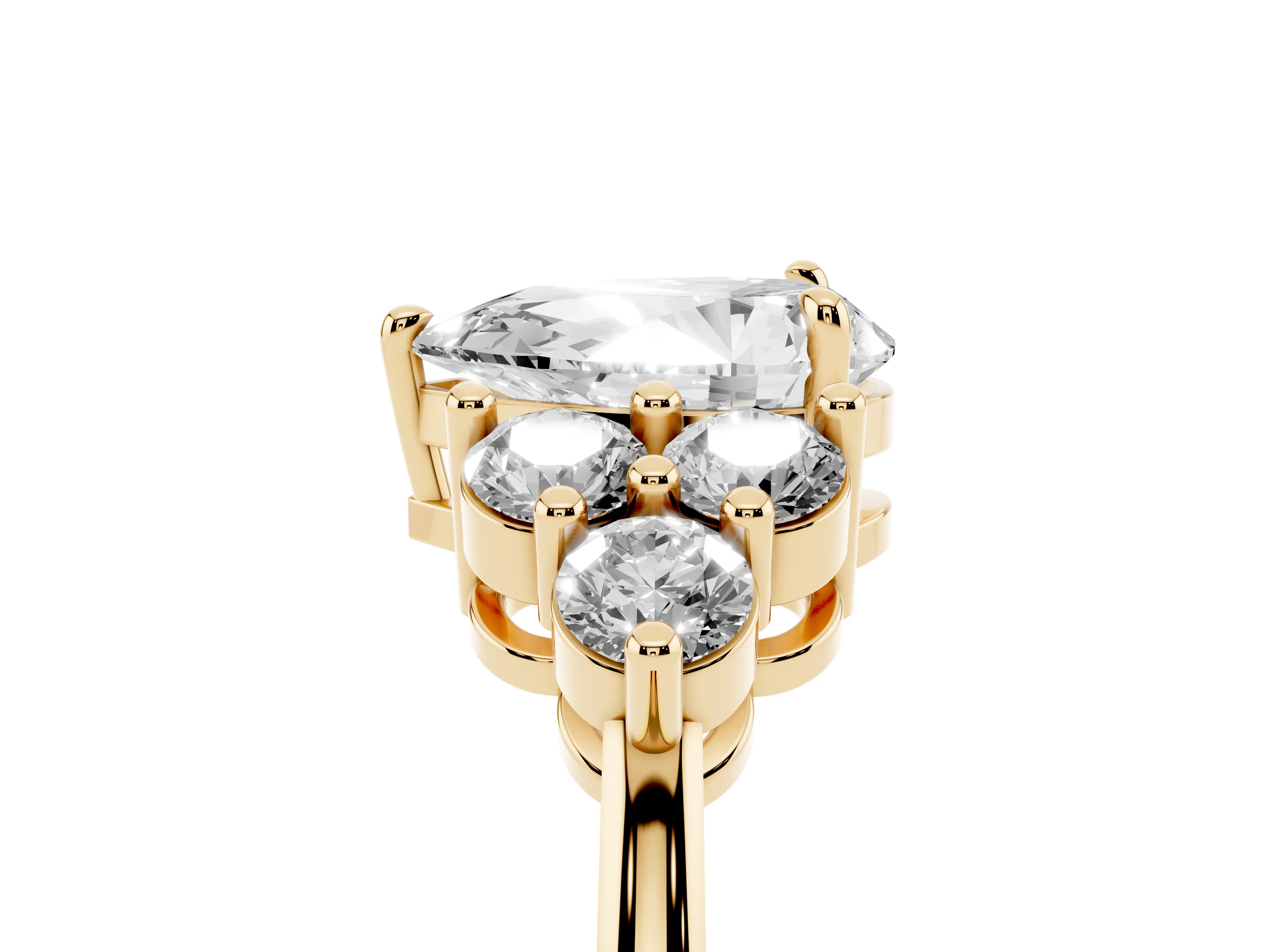 Pear Cut Diamond Solitaire Ring Set in Yellow gold with Cluster Accents on Each Side