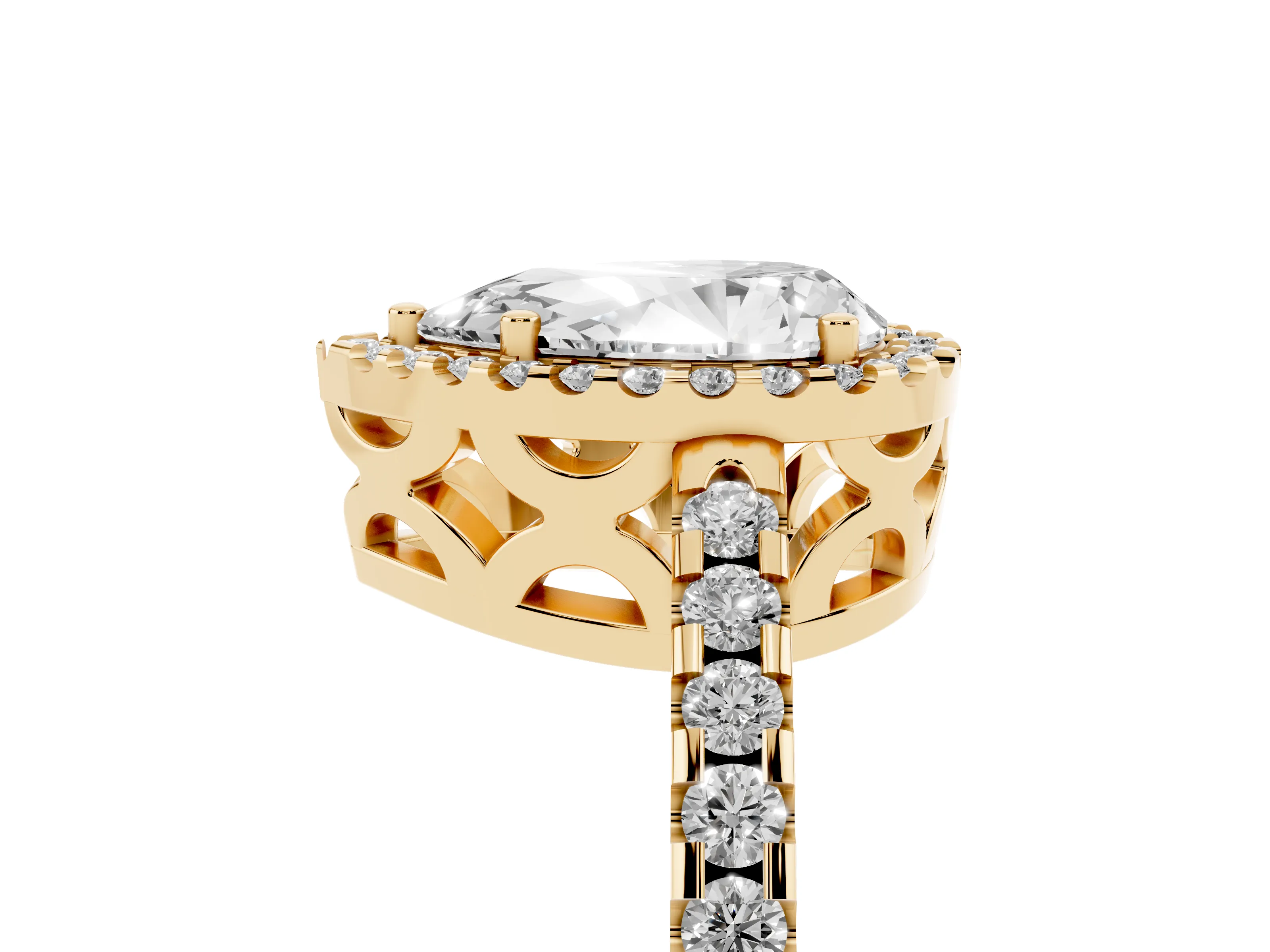 Pear Cut Diamond Halo Ring Set in Yellow gold with Pavé Shoulders and Halo-Framed Center