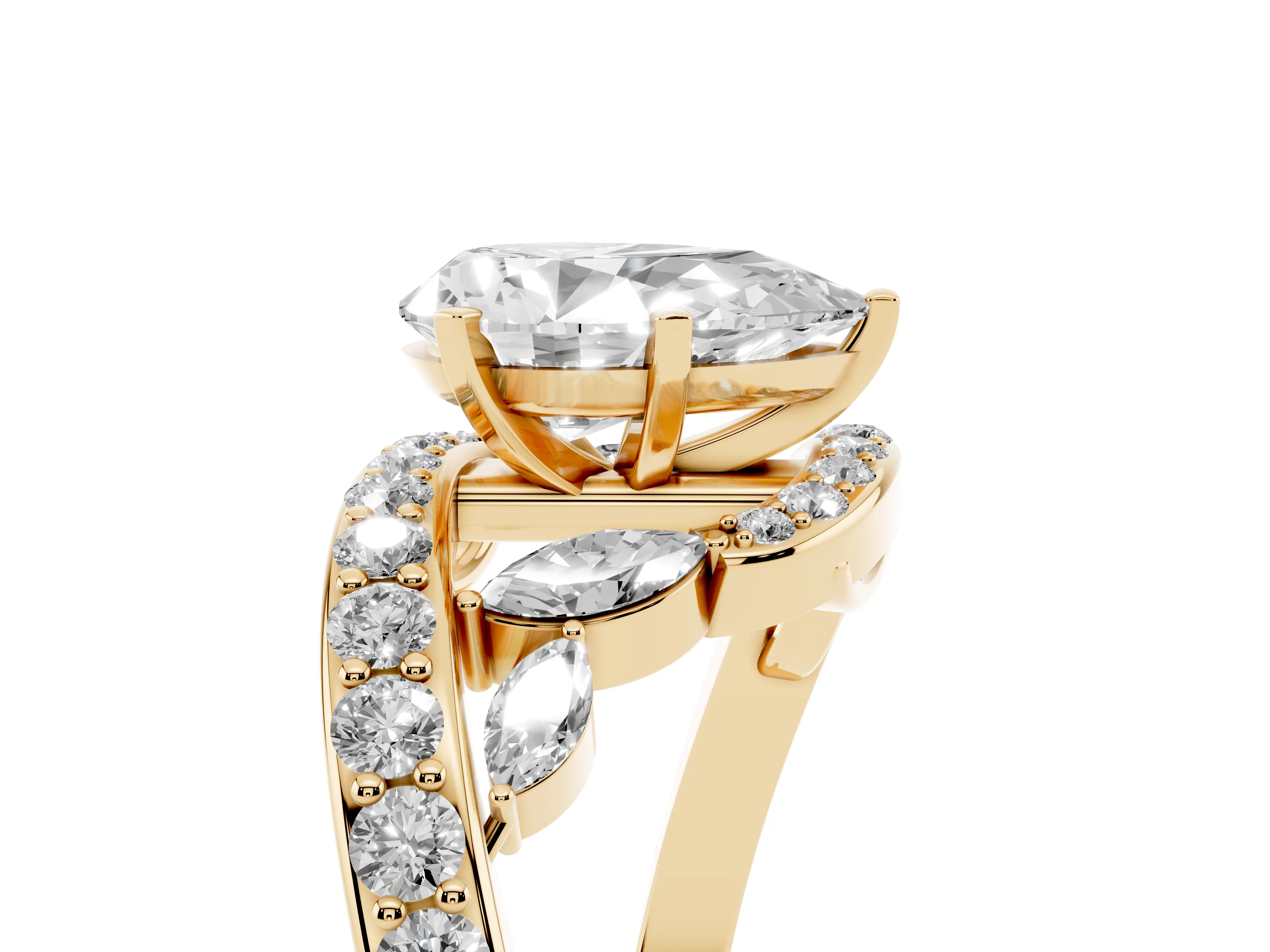 Pear Cut Diamond Solitaire Ring Set in Yellow gold with Pavé Twist Band and Secure Prong Setting