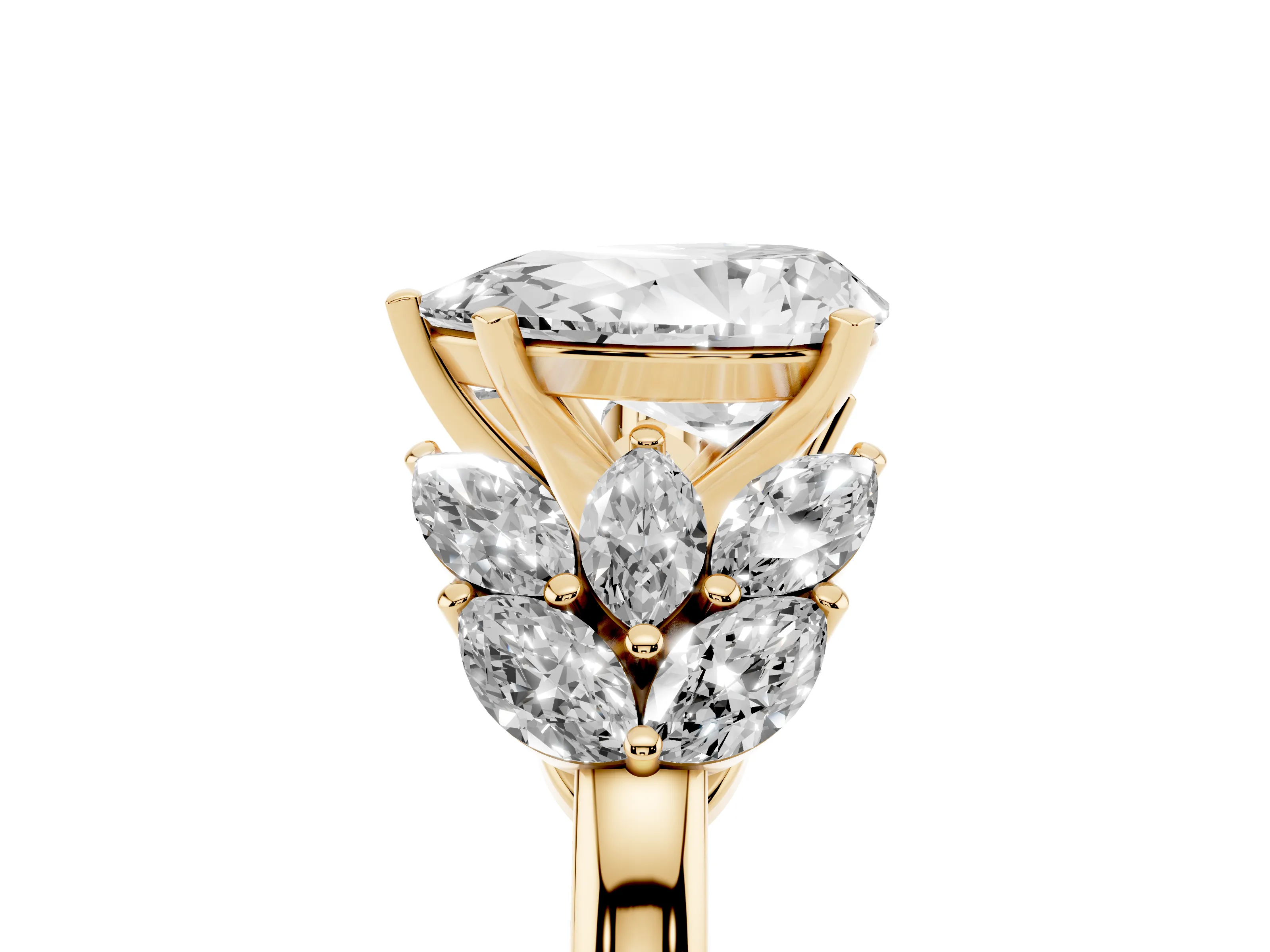Pear Cut Diamond Cluster Leaf Design Ring Set in Yellow gold with Prong Setting