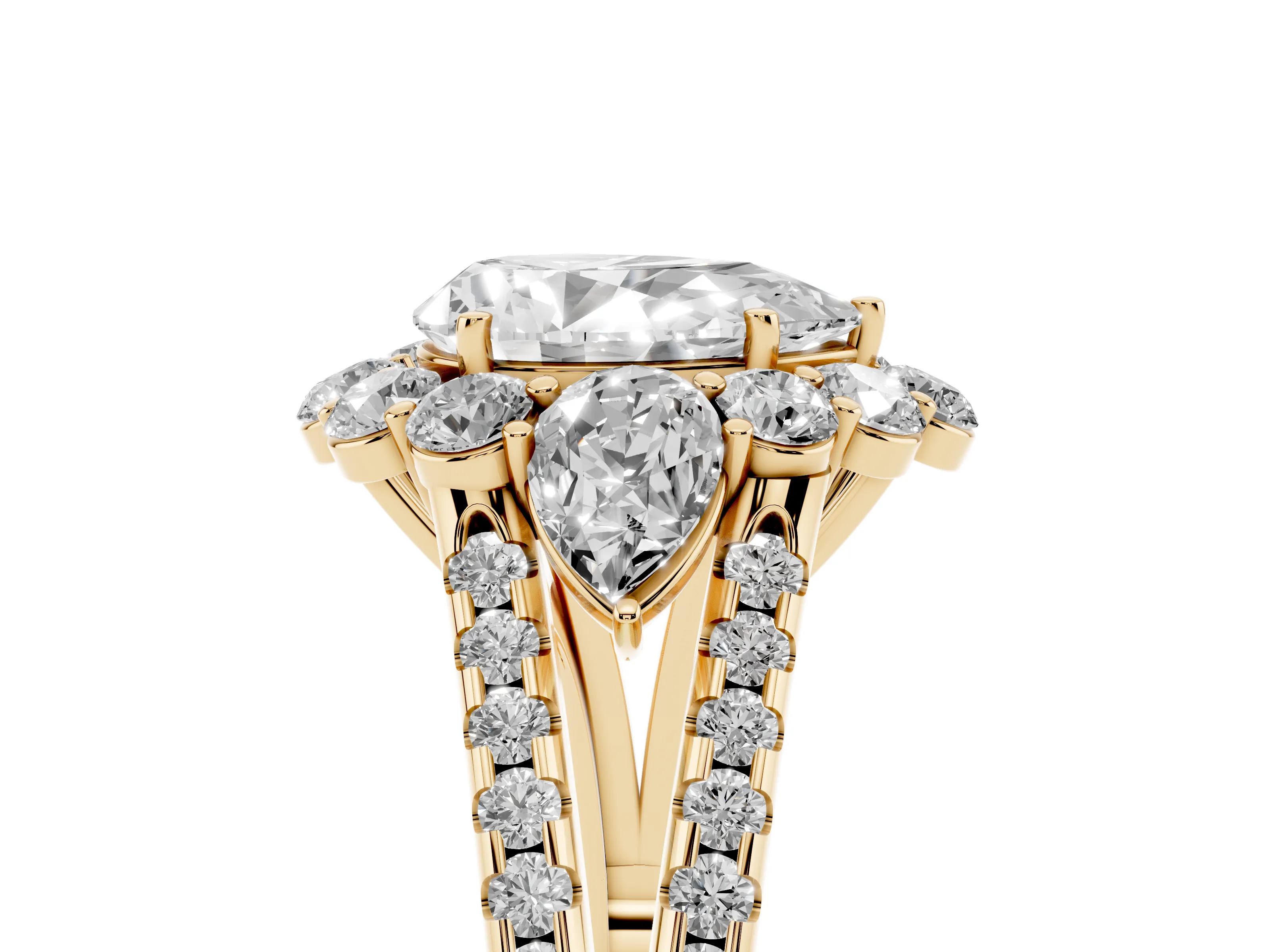Pear Cut Diamond Halo Split Shank Engagement Ring Set in Yellow gold with Prong-Held Center Stone