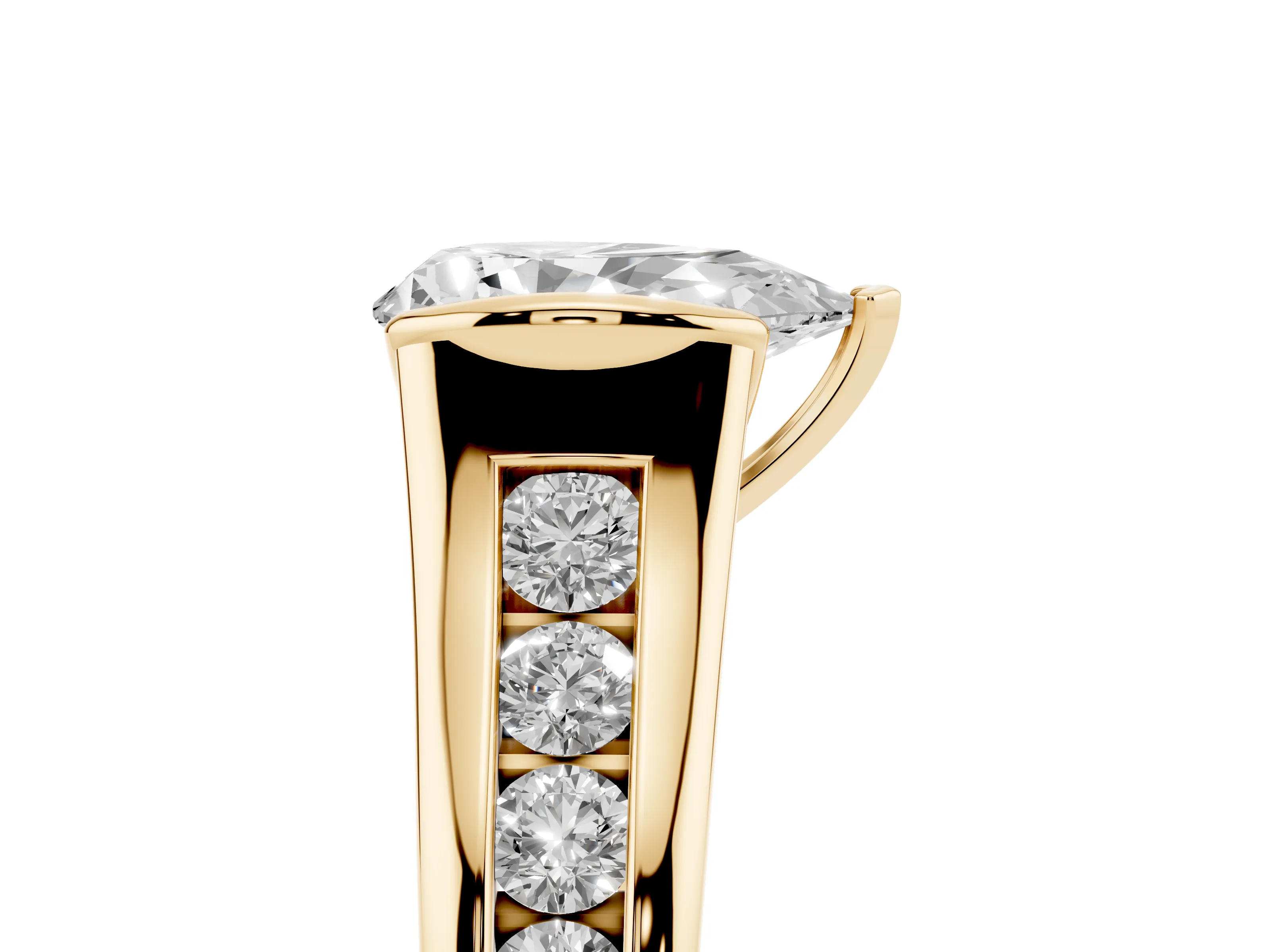 Pear Cut Diamond Bezel-Set Solitaire Ring Set in Yellow gold with Channel-Set Band