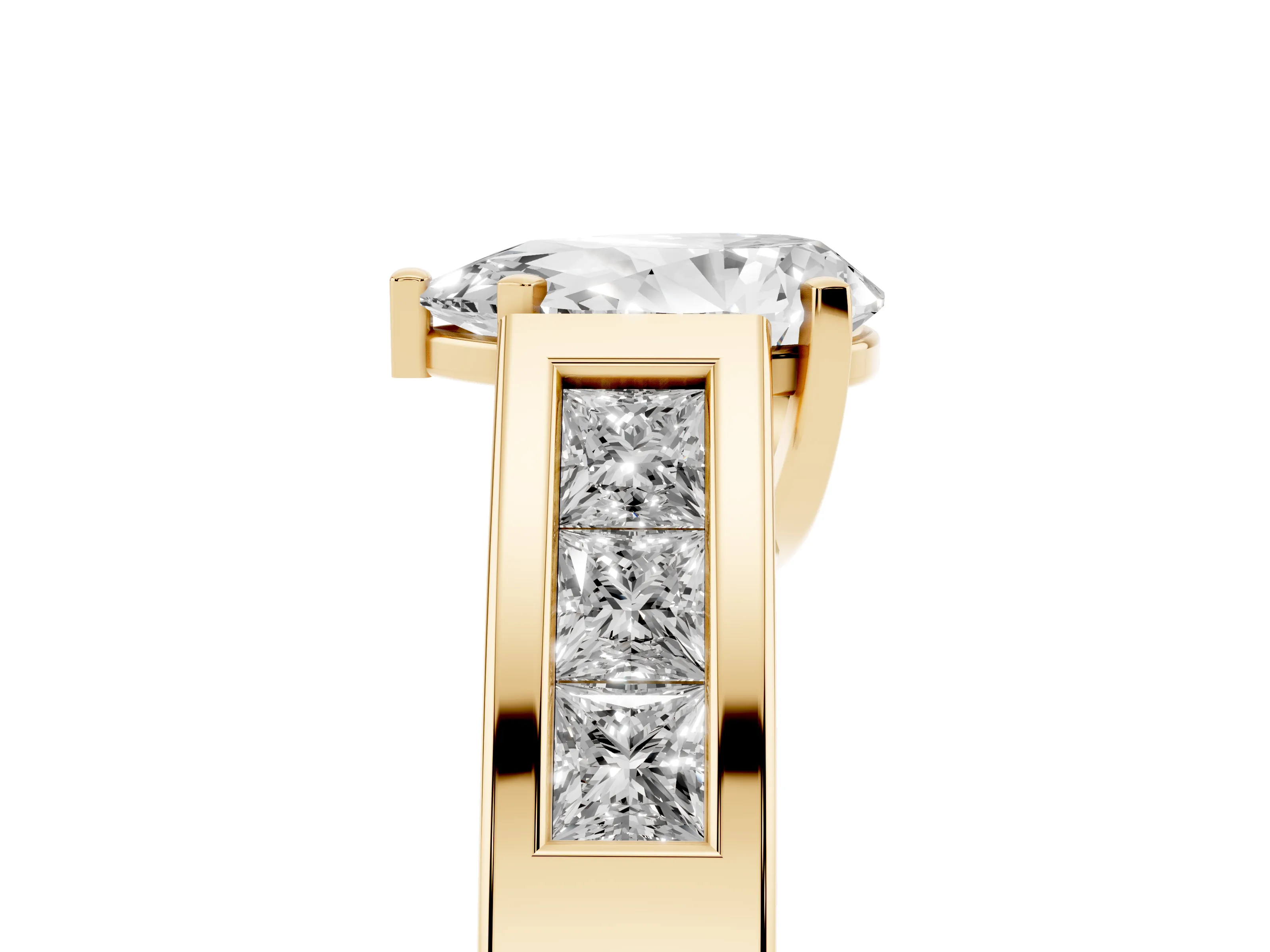 Pear Cut Diamond Solitaire Ring Set in Yellow gold with Channel-Set Accent Stones and Prong Setting