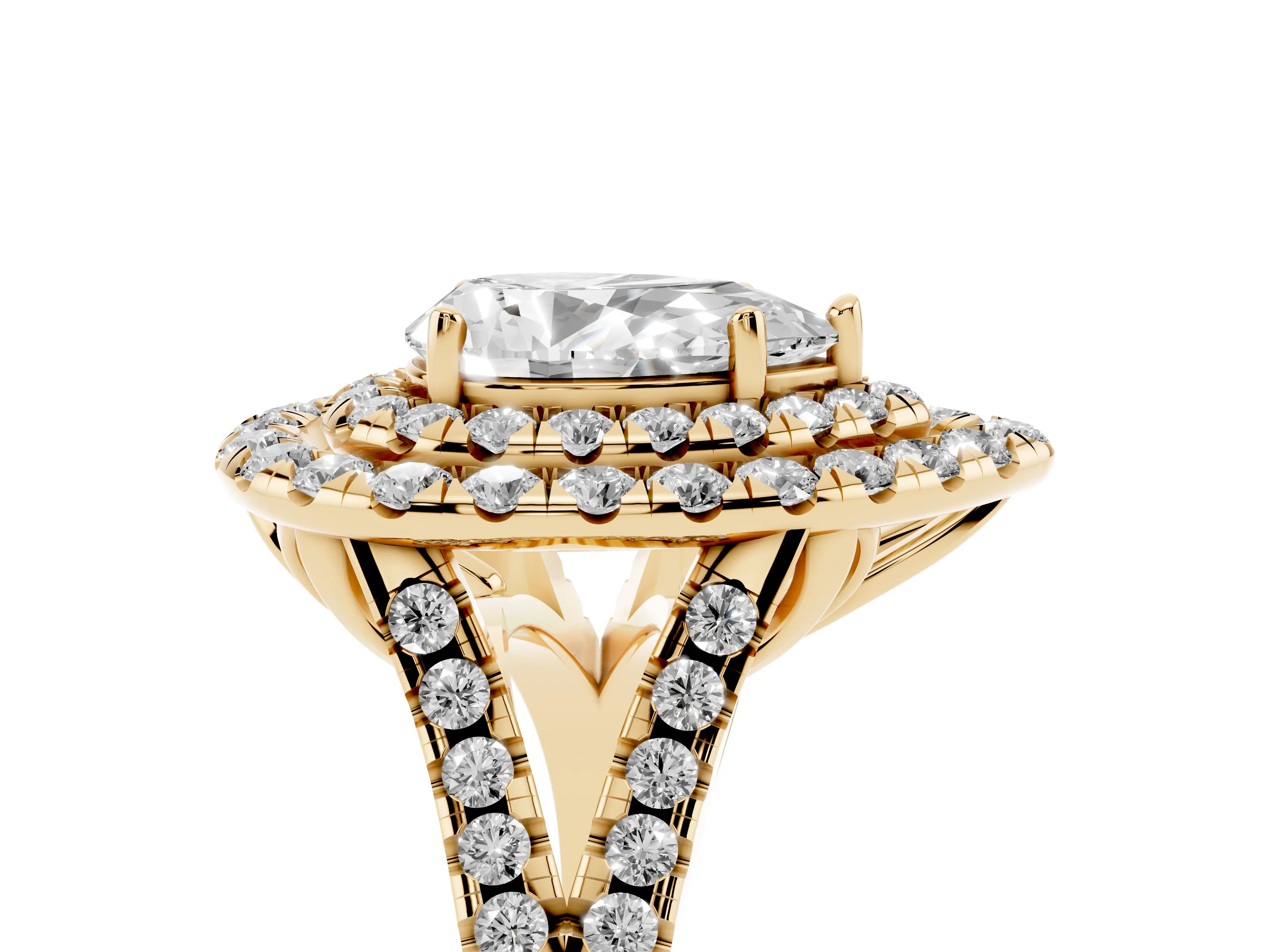 Pear Cut Diamond Double Halo Ring Set in Yellow gold with Pavé Split Shank and Prong Setting