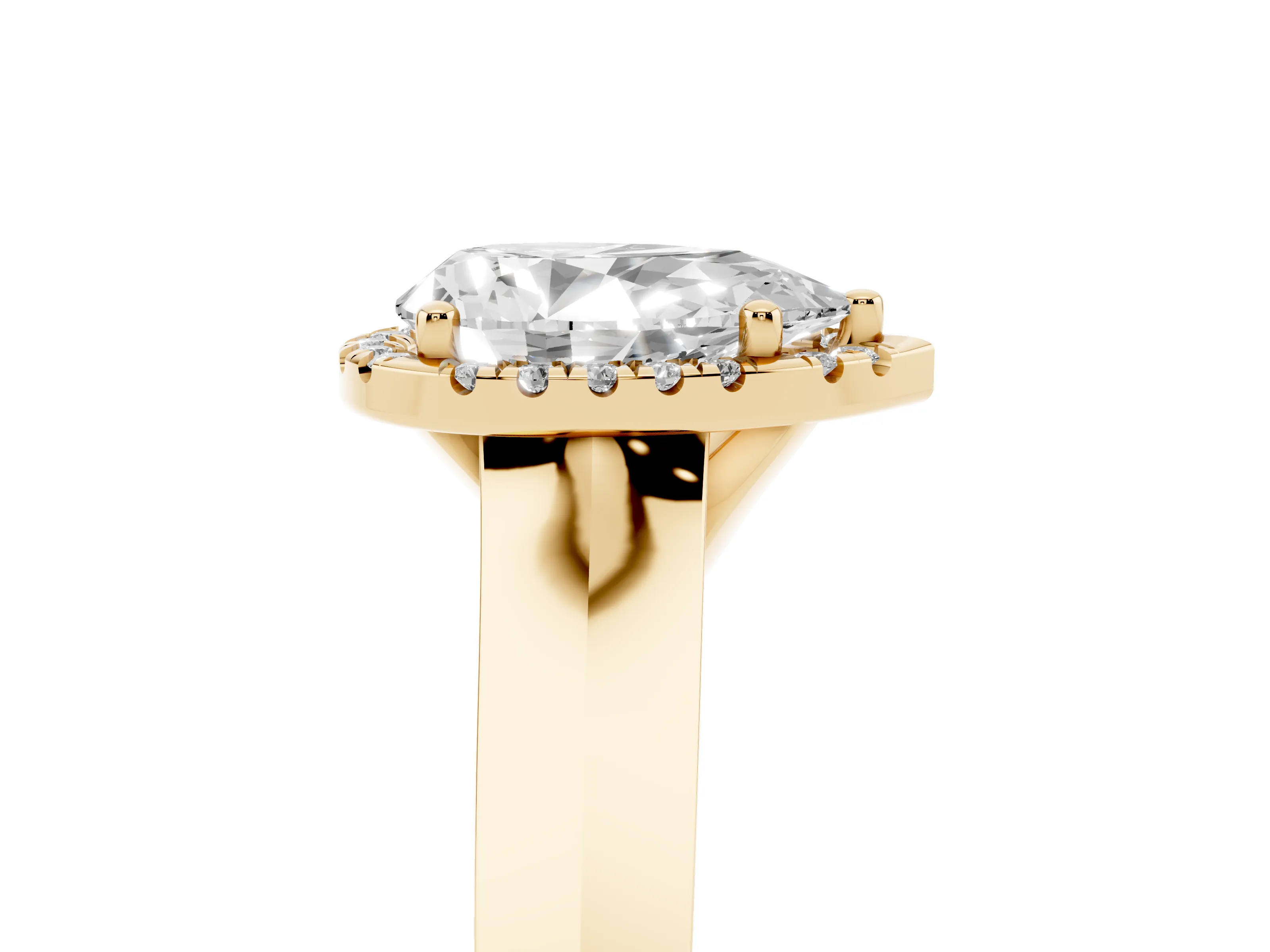 Pear Cut Diamond Halo Ring Set in Yellow gold with Cathedral Band and Prong Setting