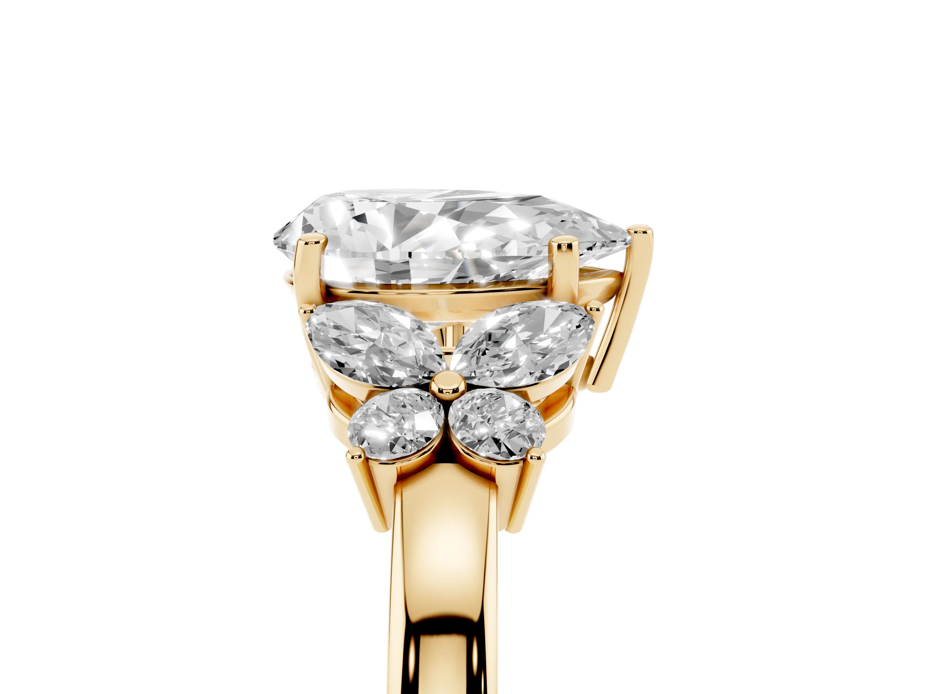 Pear Cut Diamond Solitaire Floral Ring Set in Yellow gold with Marquise Petals and Prong Setting