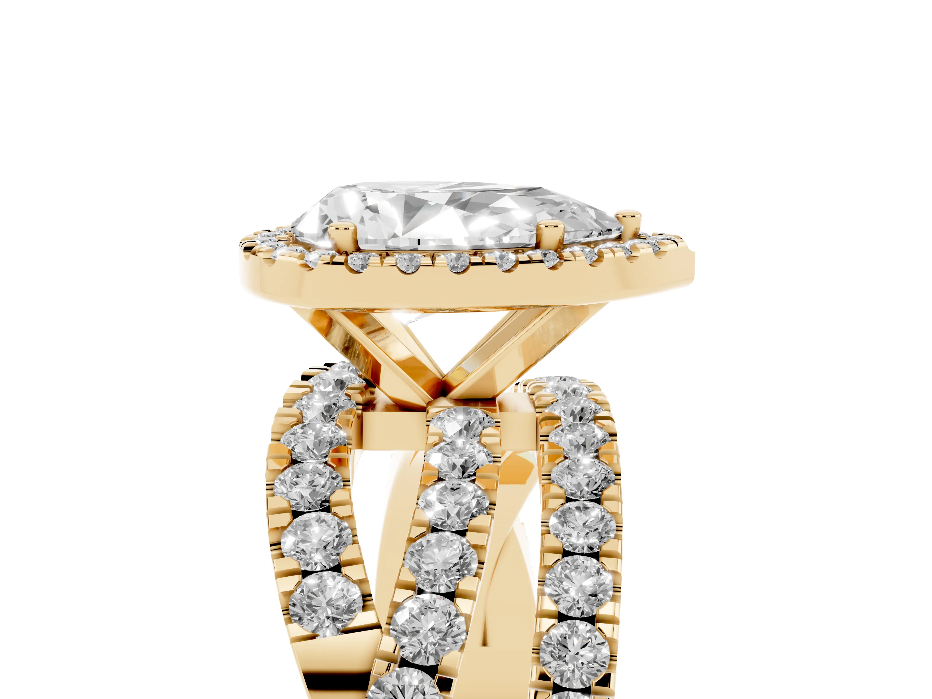 Pear Cut Diamond Halo Ring Set in Yellow gold with Round Crossover Split Shank and Prong Setting