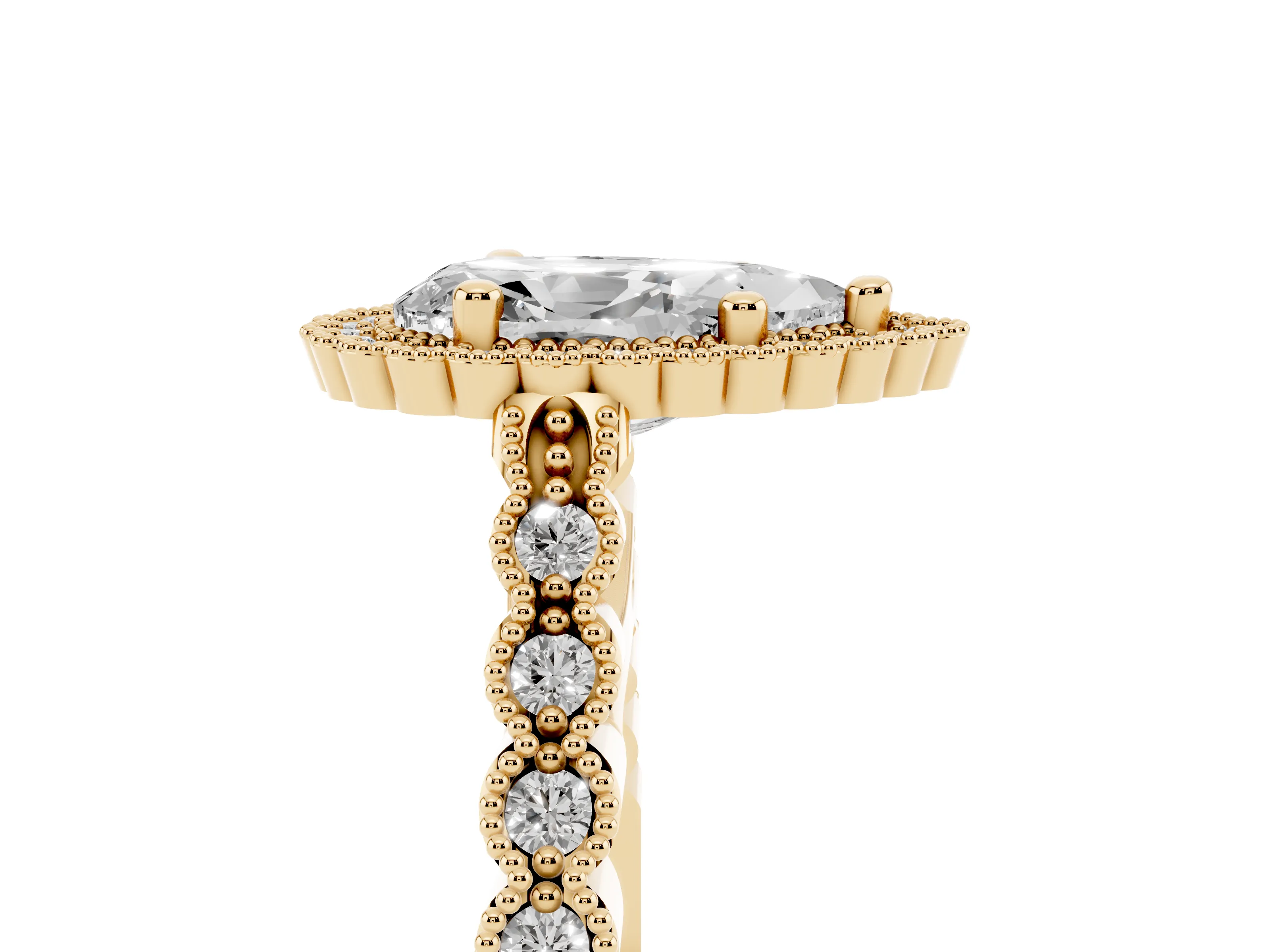 Pear Cut Diamond Halo Ring Set in Yellow gold with Pavé Milgrain Band