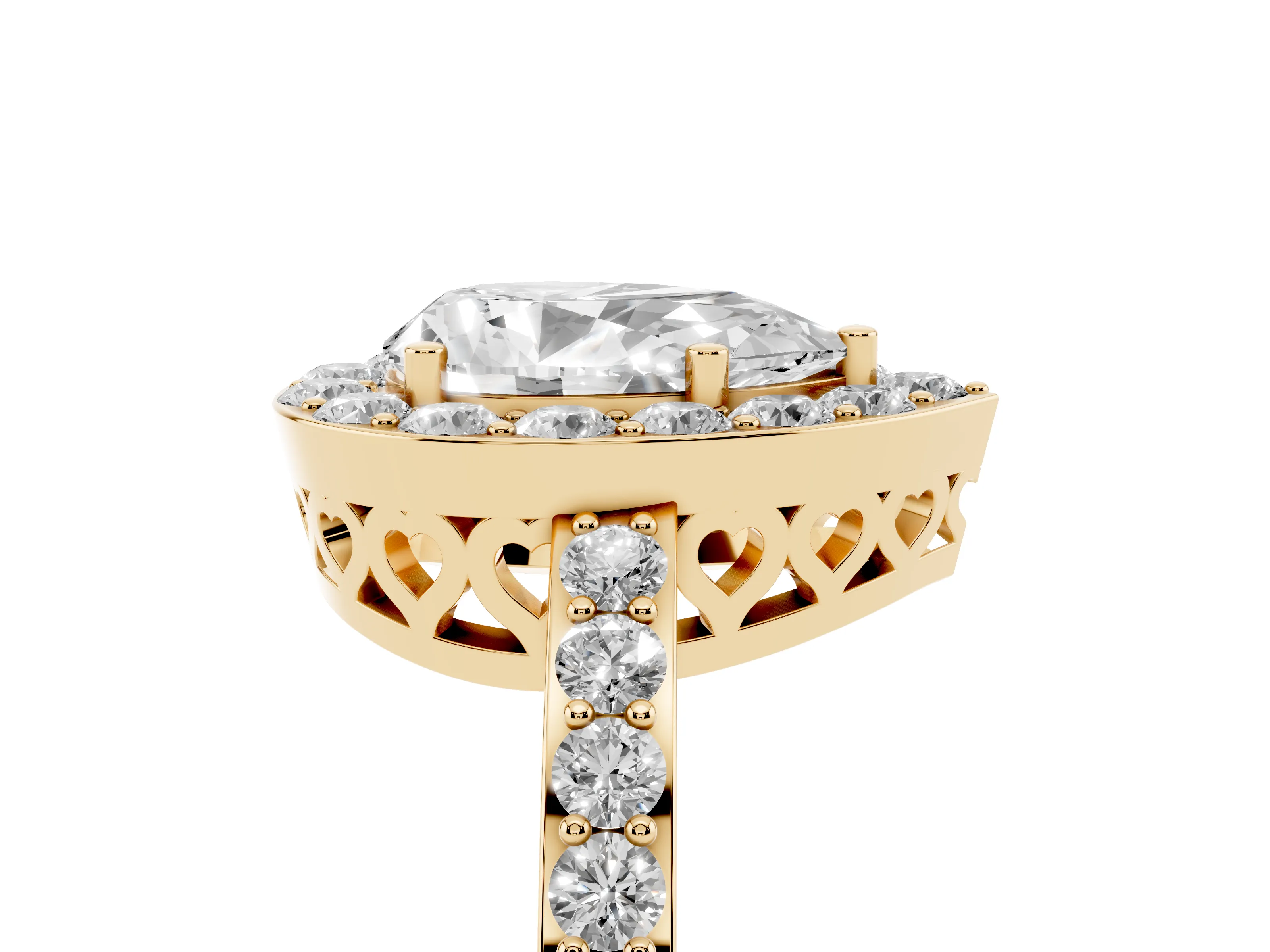 Pear Cut Diamond Halo Ring Set in Yellow gold with Pavé-Setting Band and Open Prong Center