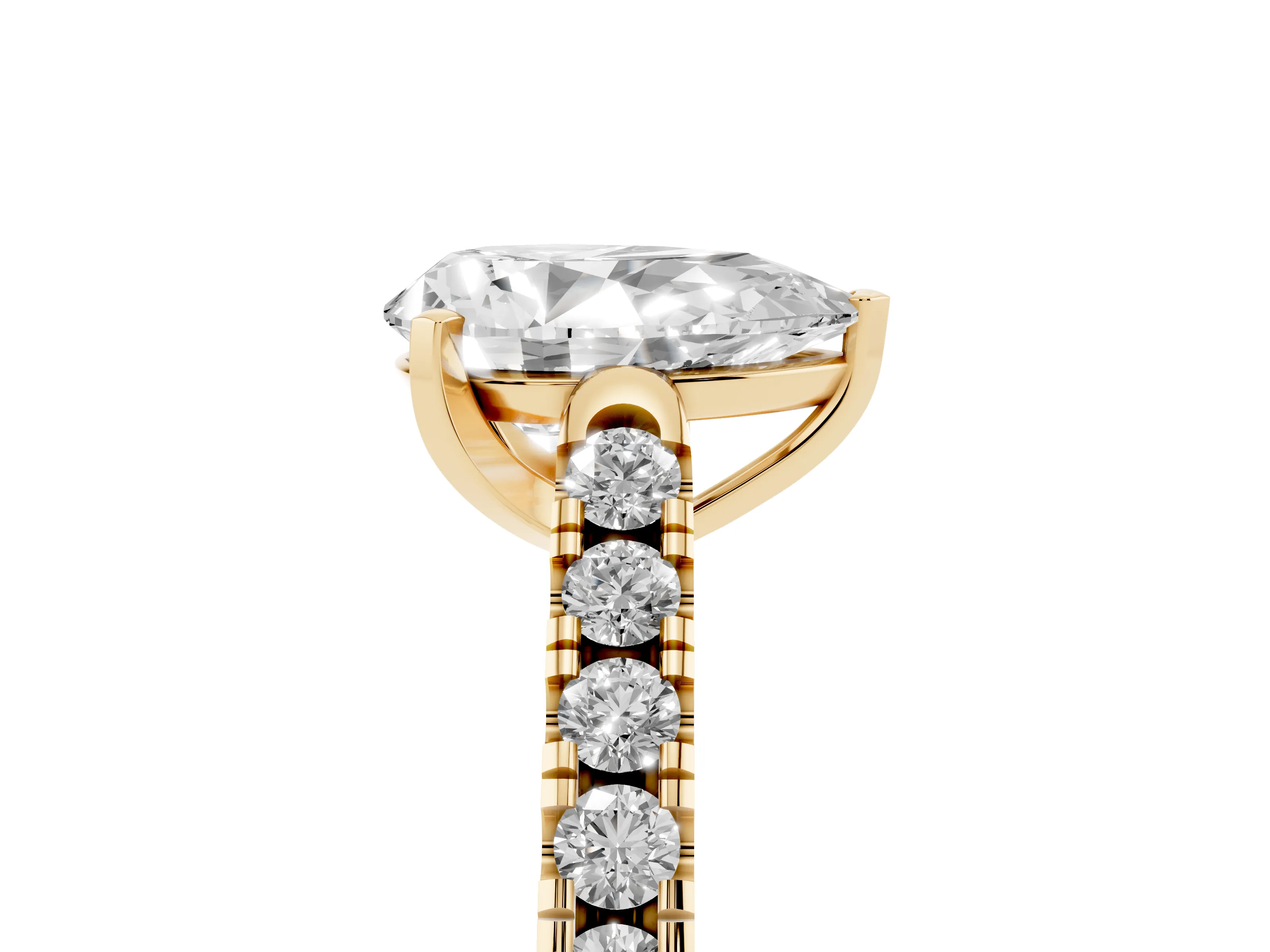 Pear Cut Diamond Pavé Band Solitaire Ring Set in Yellow gold with Partway Accent Stones and Prong Setting