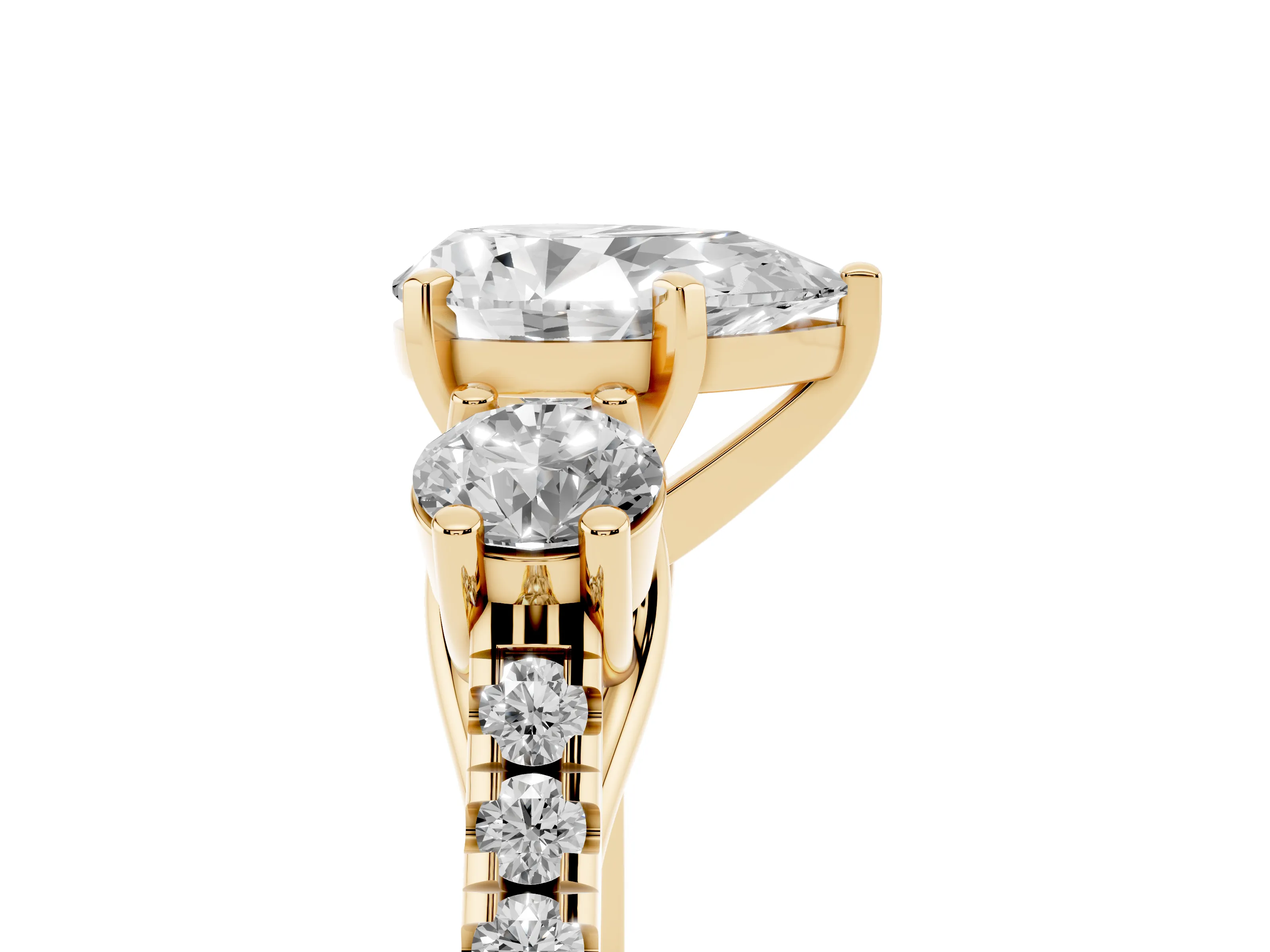 Three-Stone Pear Cut Diamond Pavé Band Ring Set in Yellow gold with Prong-Set Trio