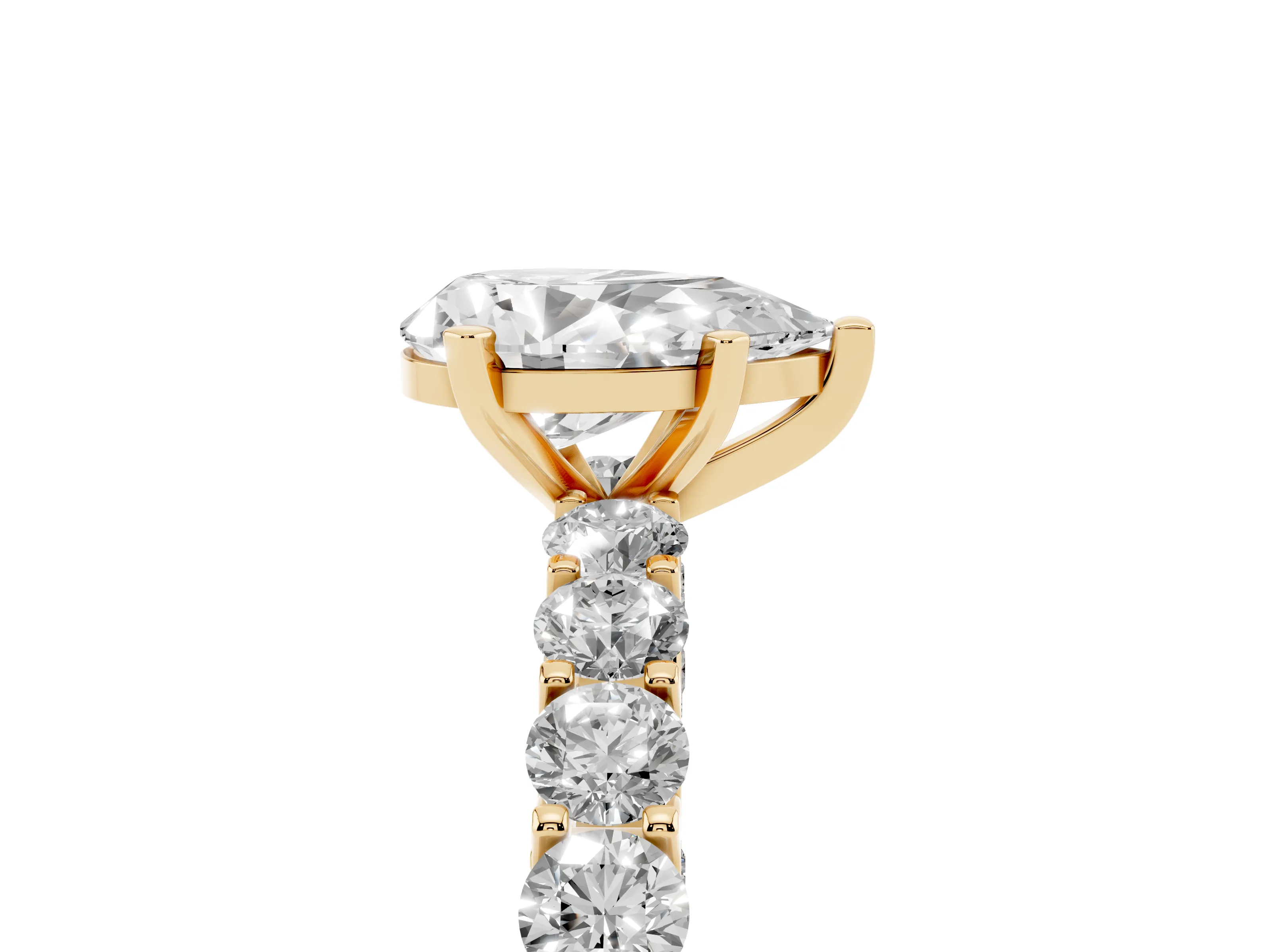 Pear Cut Diamond Solitaire Ring Set in Yellow gold with Shared Prong Pavé Band