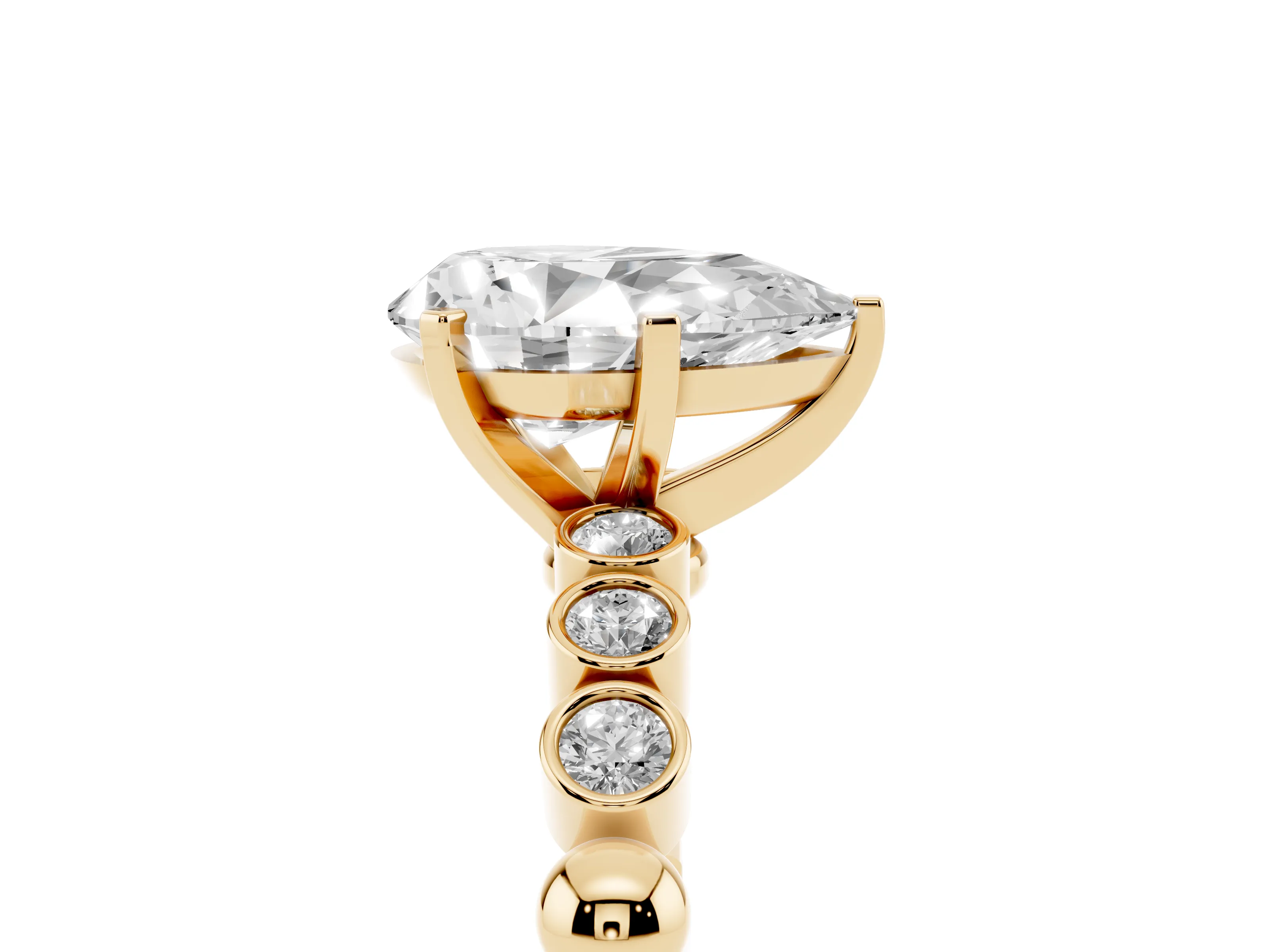 Pear Cut Diamond Solitaire Engagement Ring Set in Yellow gold with Bezel Accents on Beaded Band