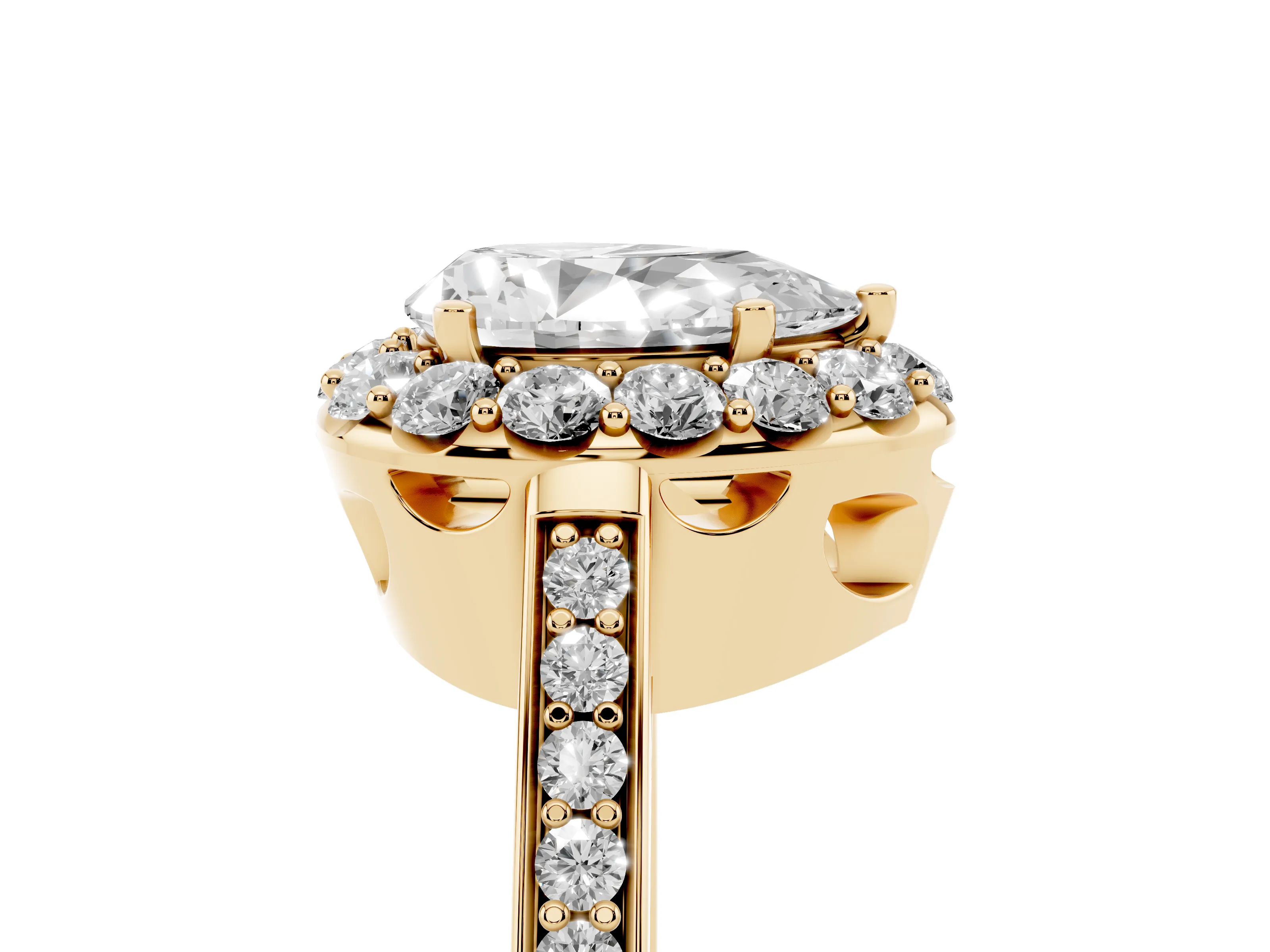 Pear Cut Diamond Floral Halo Ring Set in Yellow gold with Pavé Band and Prong Setting