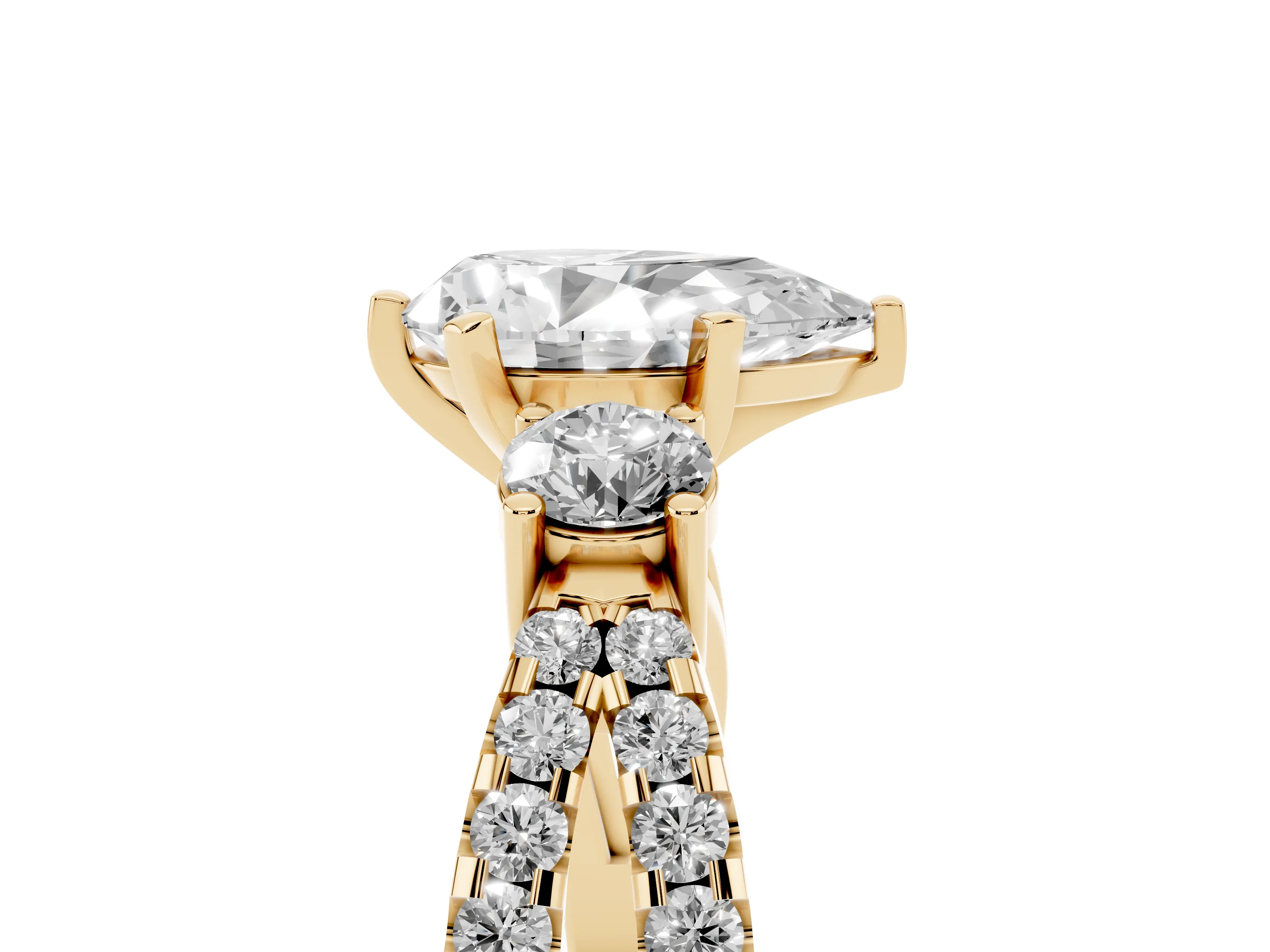 Pear Cut Diamond Three-Stone Ring Set in Yellow gold with Pavé Split Shank and Prong Setting