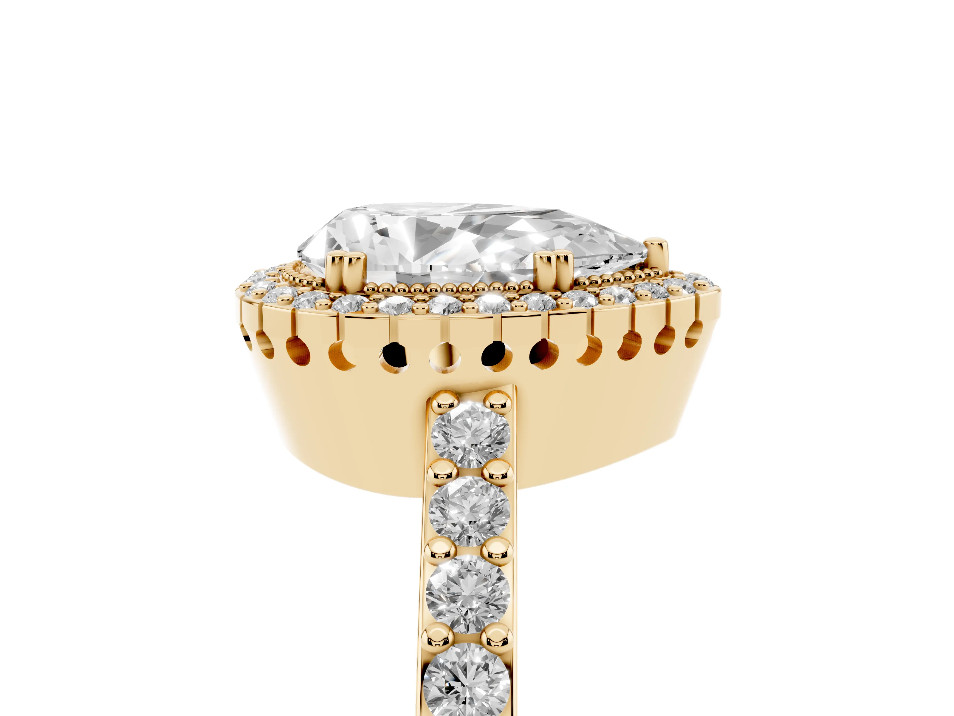 Pear Cut Diamond Halo Engagement Ring Set in Yellow gold with Milgrain Detail and Pavé Band