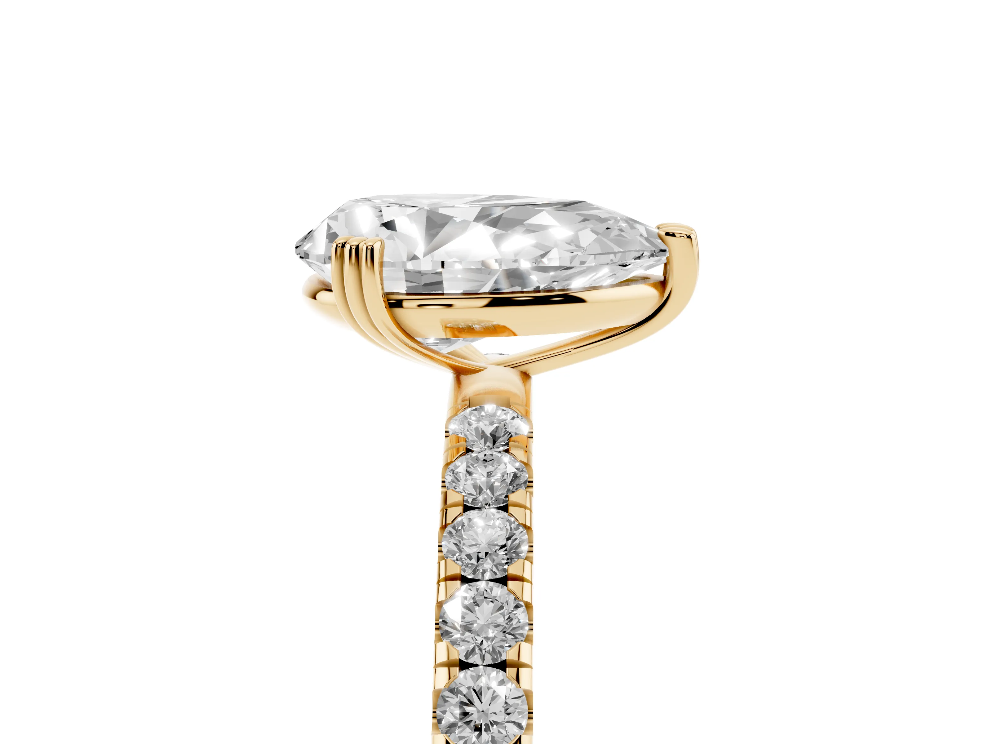 Pear Cut Diamond Brilliant Solitaire Set in Yellow gold with Pavé Band and Claw Prong Setting