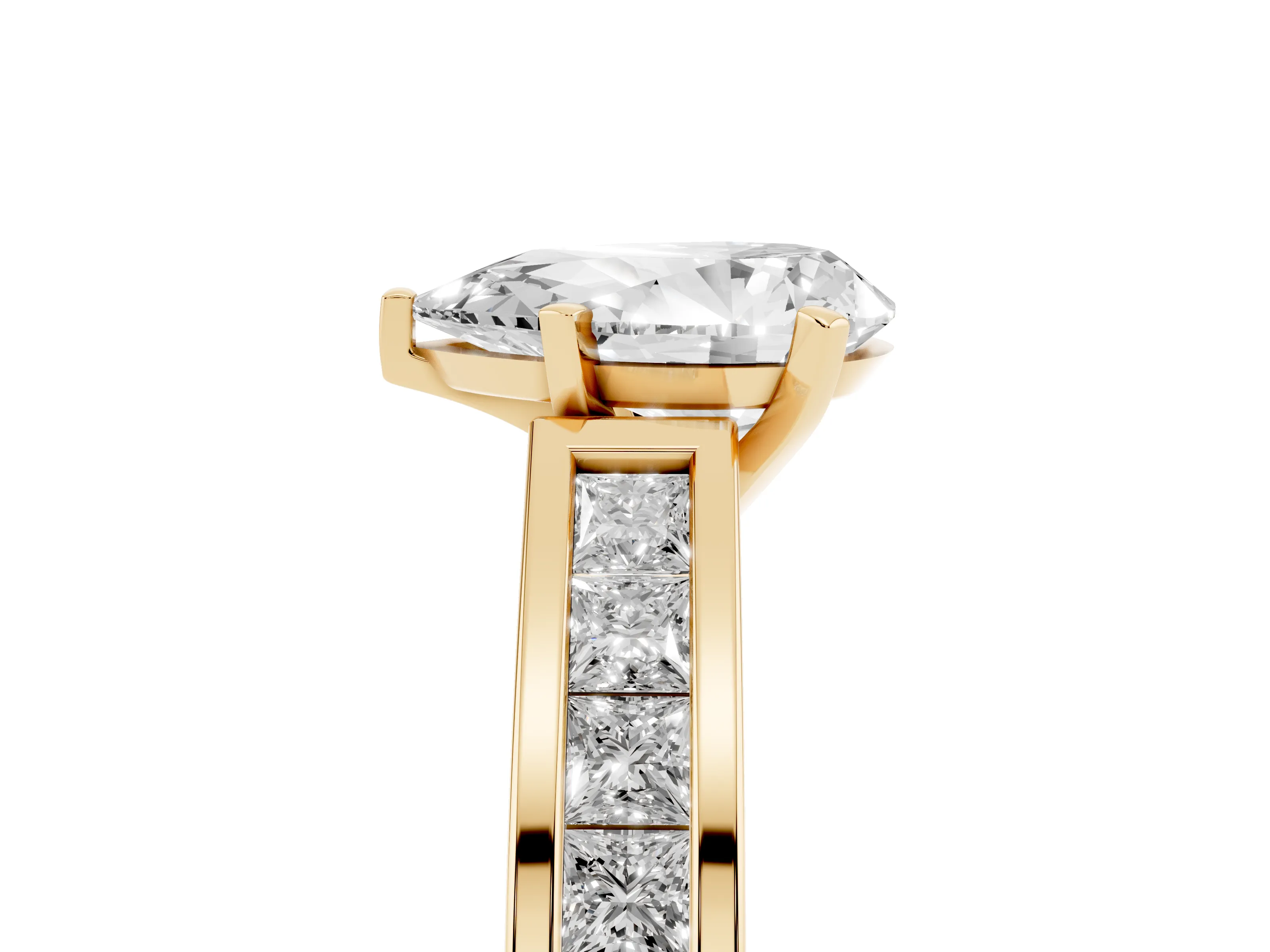 Pear Cut Diamond Solitaire Ring Set in Yellow gold with Channel-Set Band and Prong Setting