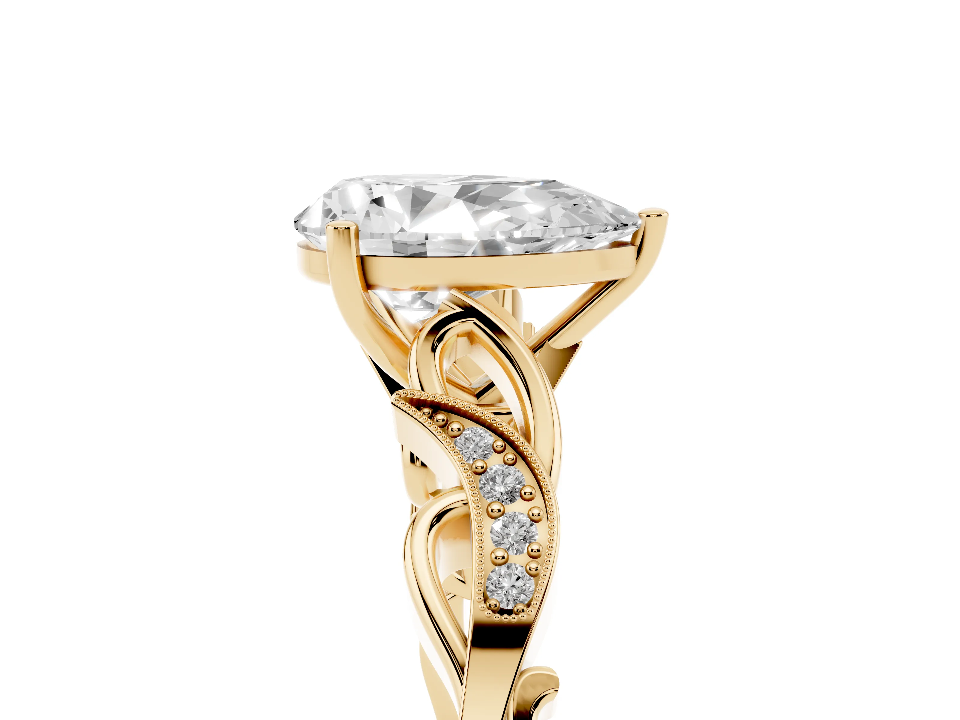 Pear Cut Diamond Vine Band Solitaire Ring Set in Yellow gold with Milgrain Prong Setting