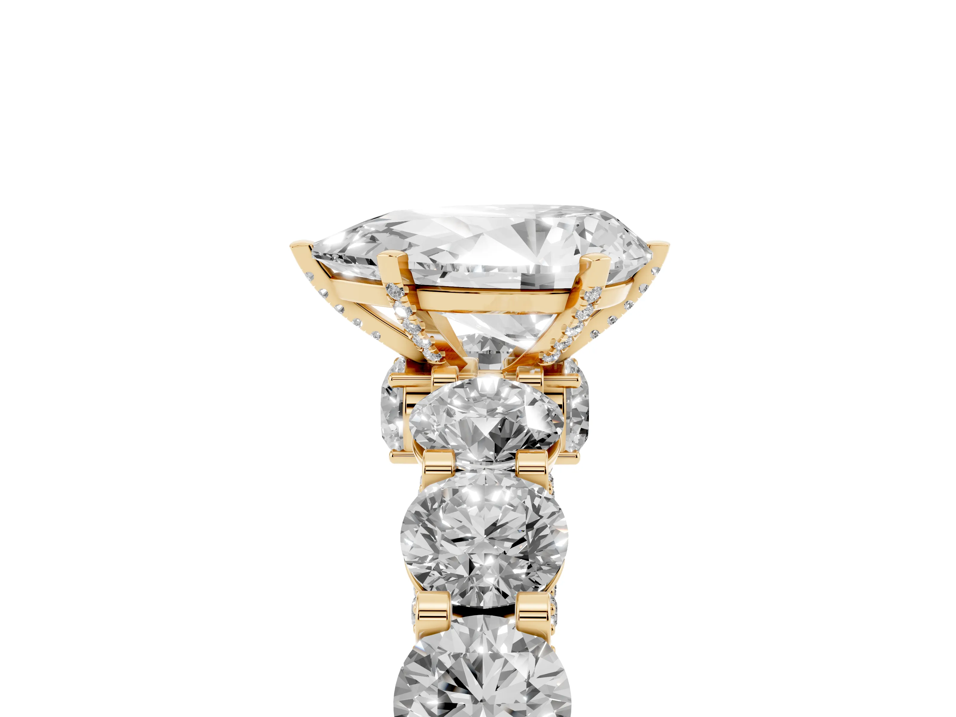 Pear Cut Diamond Side Stone Ring Set in Yellow gold with Alternating Round and Oval Side Stones