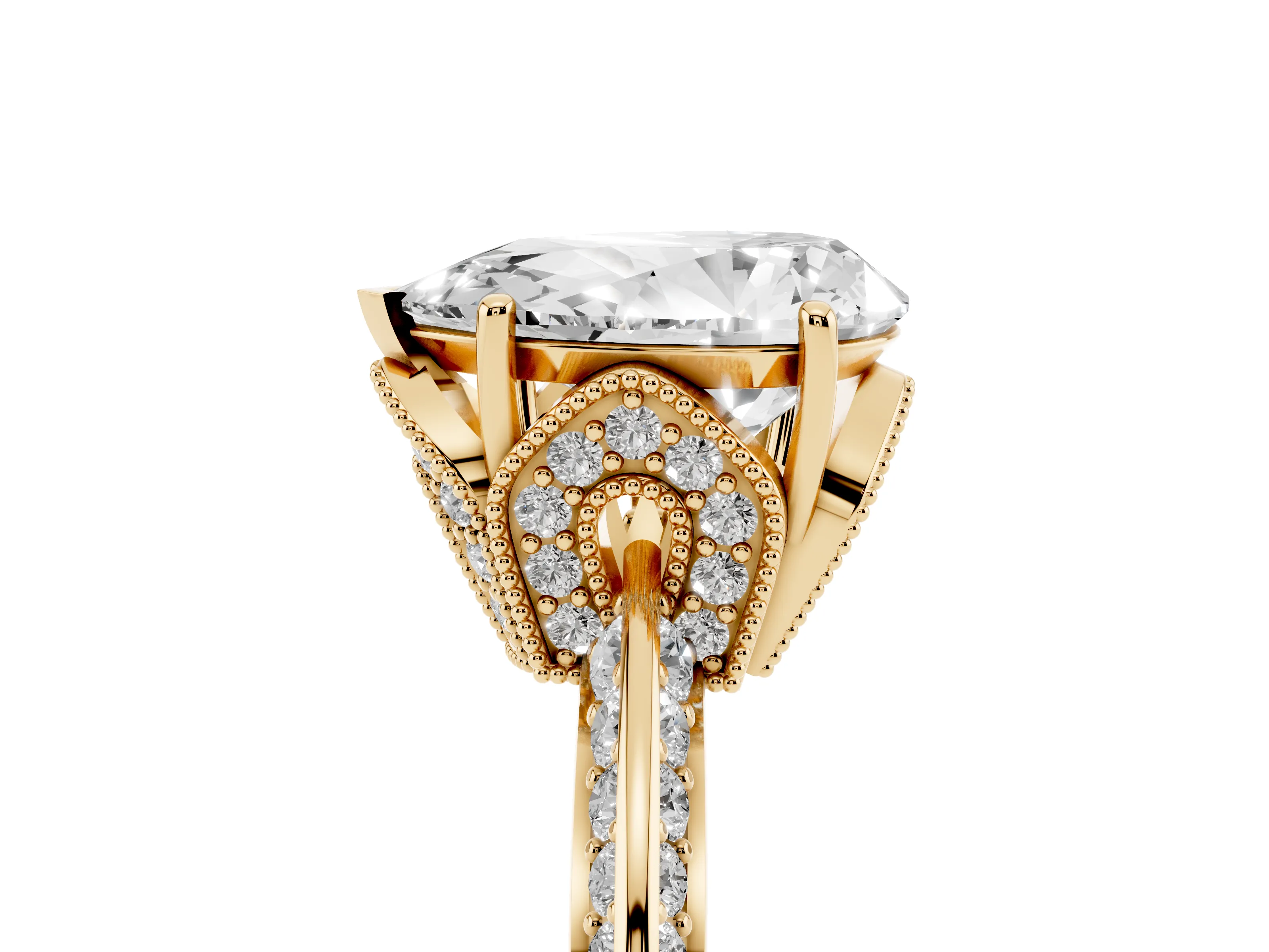 Pear Cut Diamond Solitaire Engagement Ring Set in Yellow gold with Pavé Split Shank and Prong Setting