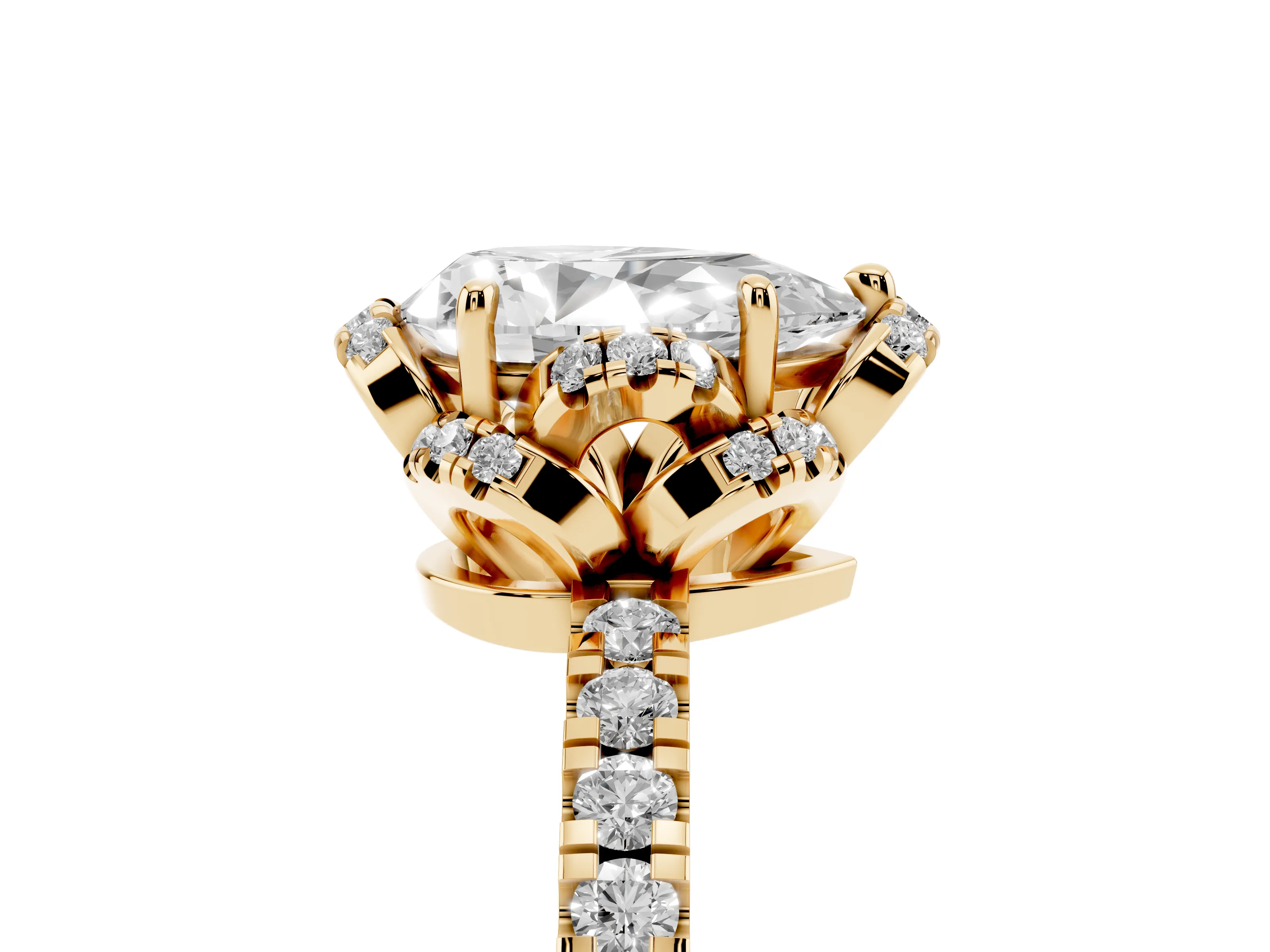 Pear Cut Diamond Halo Pavé Band Ring Set in Yellow gold with Prong-Held Center