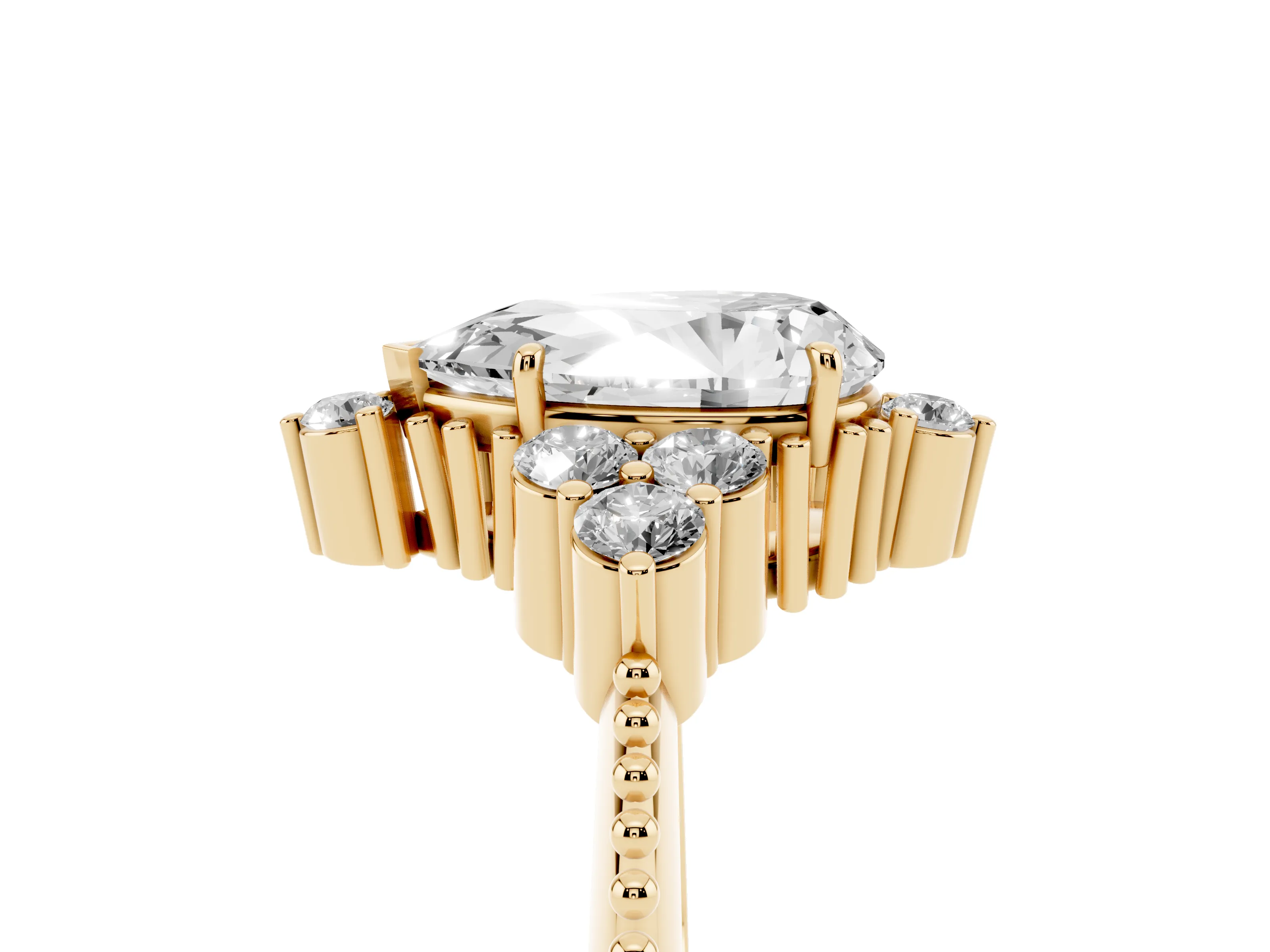 Pear Cut Diamond Cluster Ring Set in Yellow gold with Beaded Band
