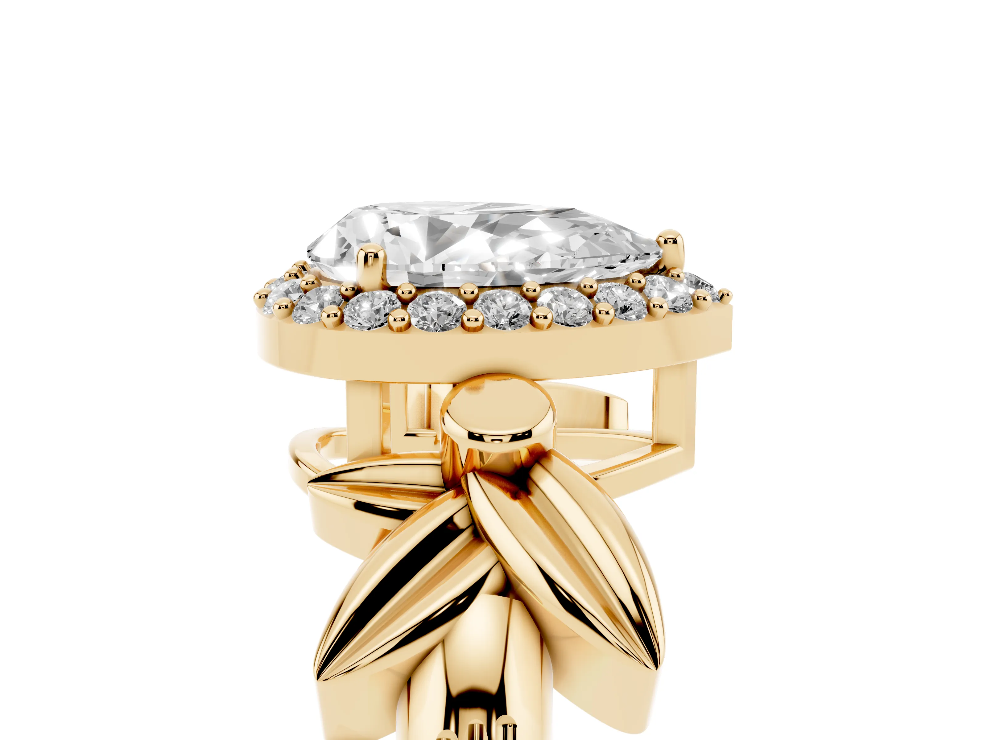 Pear Cut Diamond Halo Floral Band Ring Set in Yellow gold with Prong Setting
