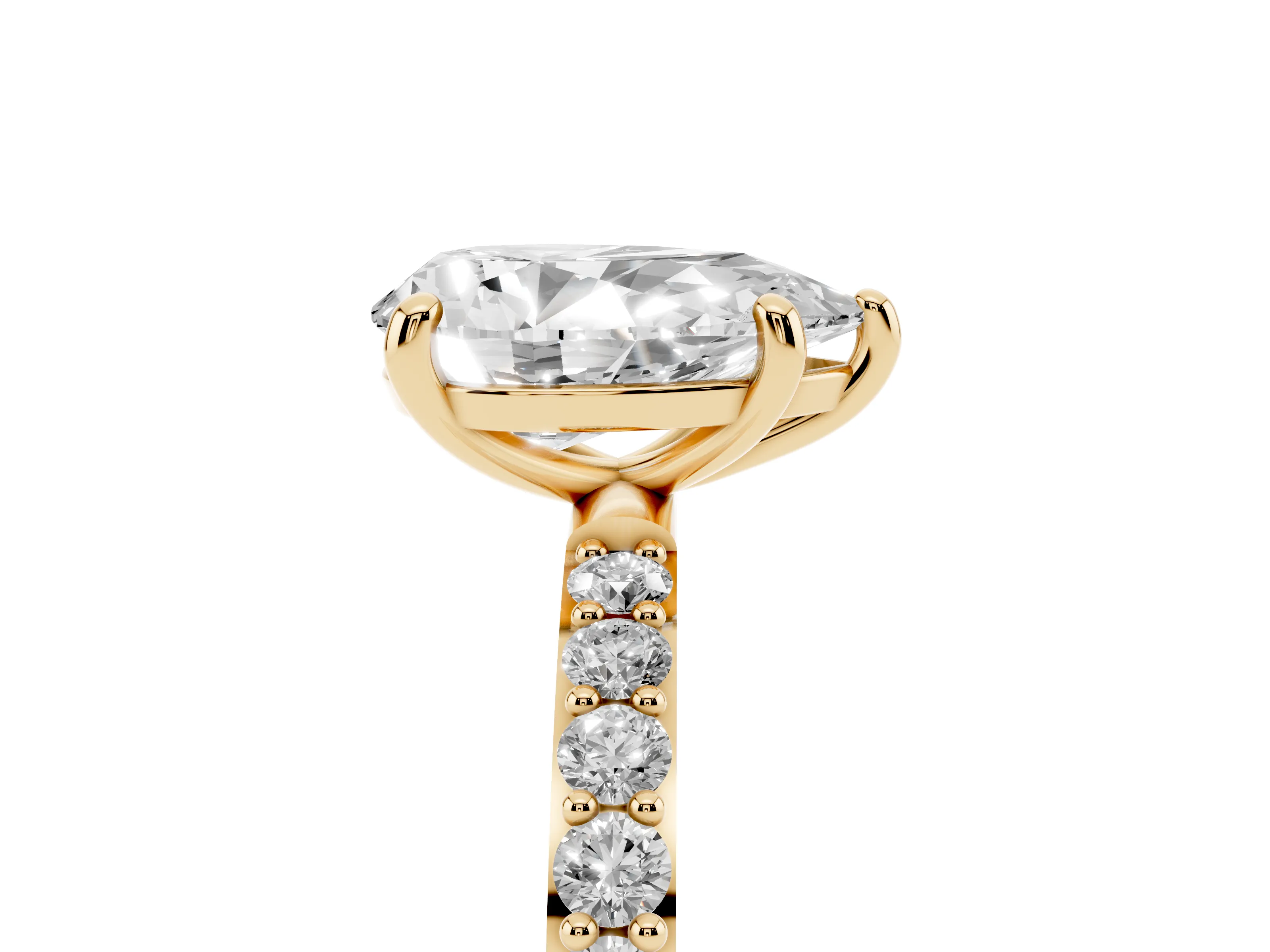 Pear Cut Diamond Solitaire Ring Set in Yellow gold with Round Pavé Band and Prong Setting