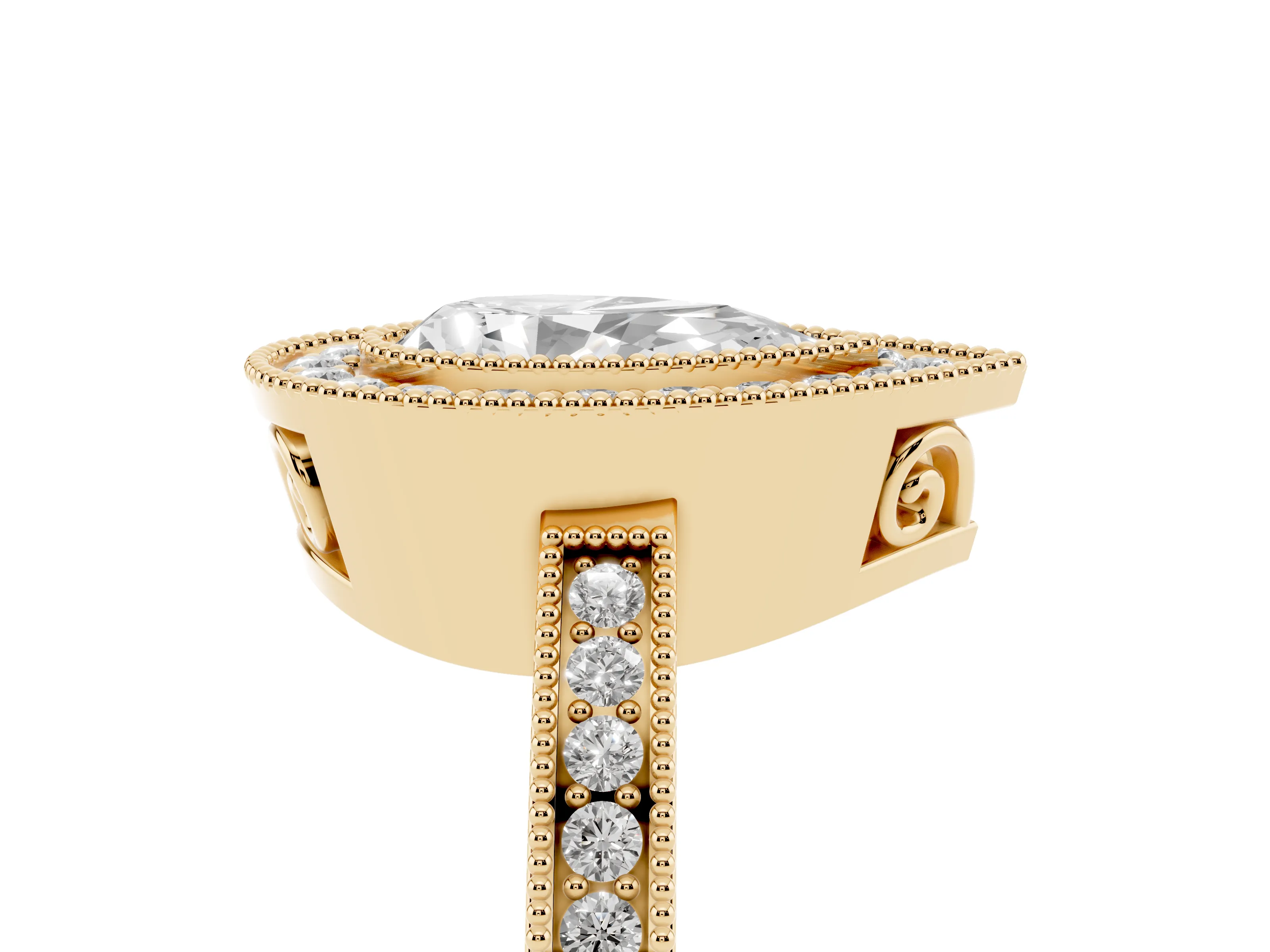 Pear Cut Diamond Halo Ring Set in Yellow gold with Pavé Band and Milgrain-Edged Prongs