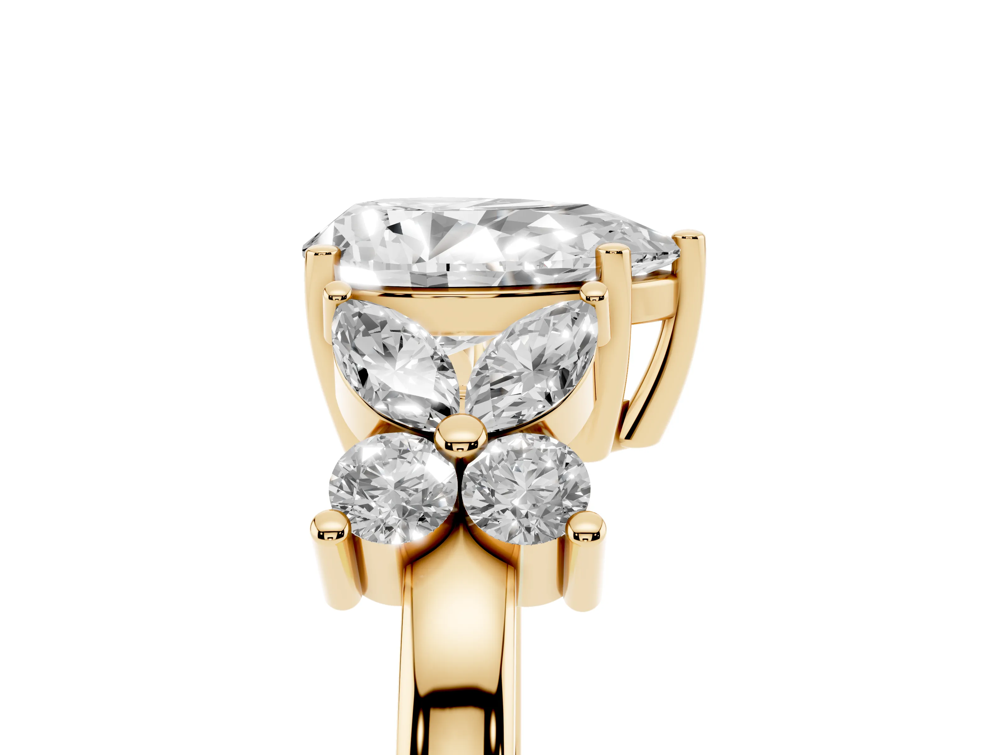 Pear Cut Diamond Floral Cluster Ring Set in Yellow gold with Marquise Petals and Prong Setting