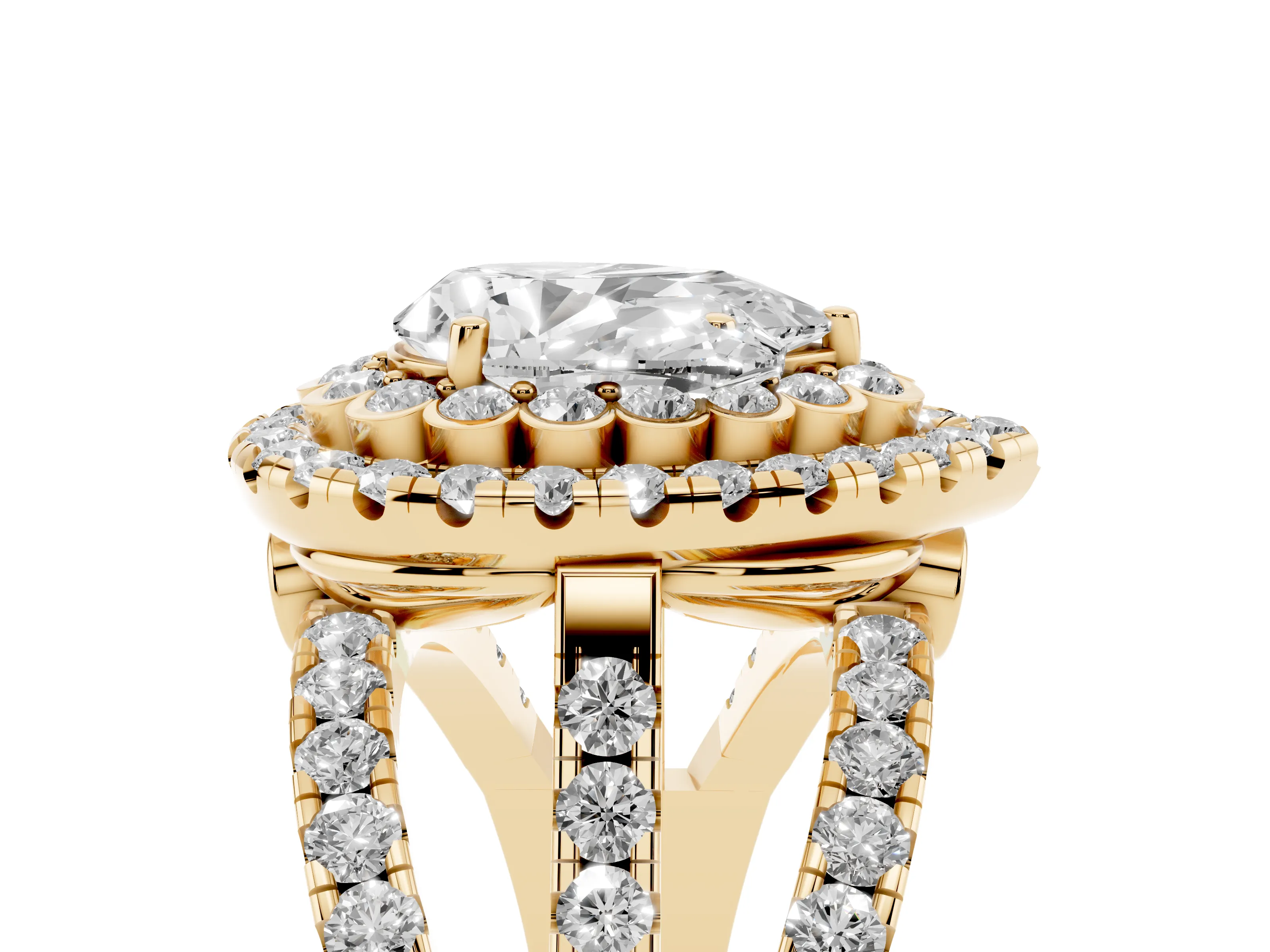 Pear Cut Diamond Double Halo Ring Set in Yellow gold with Round Pavé Split Shank