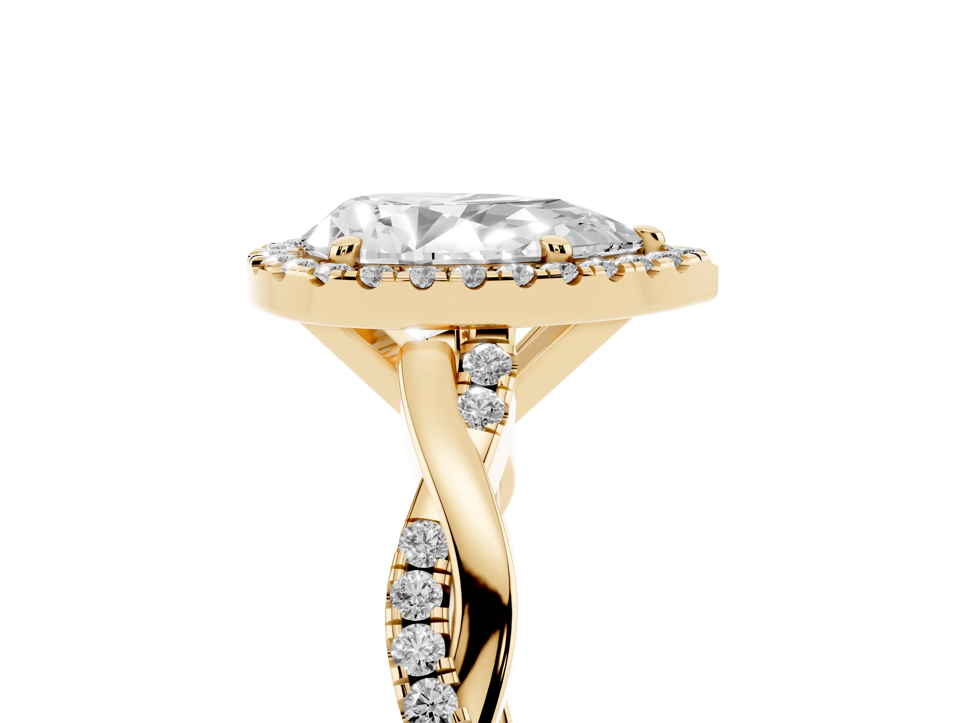 Pear Cut Diamond Halo Twisted Band Ring Set in Yellow gold with Prong Setting
