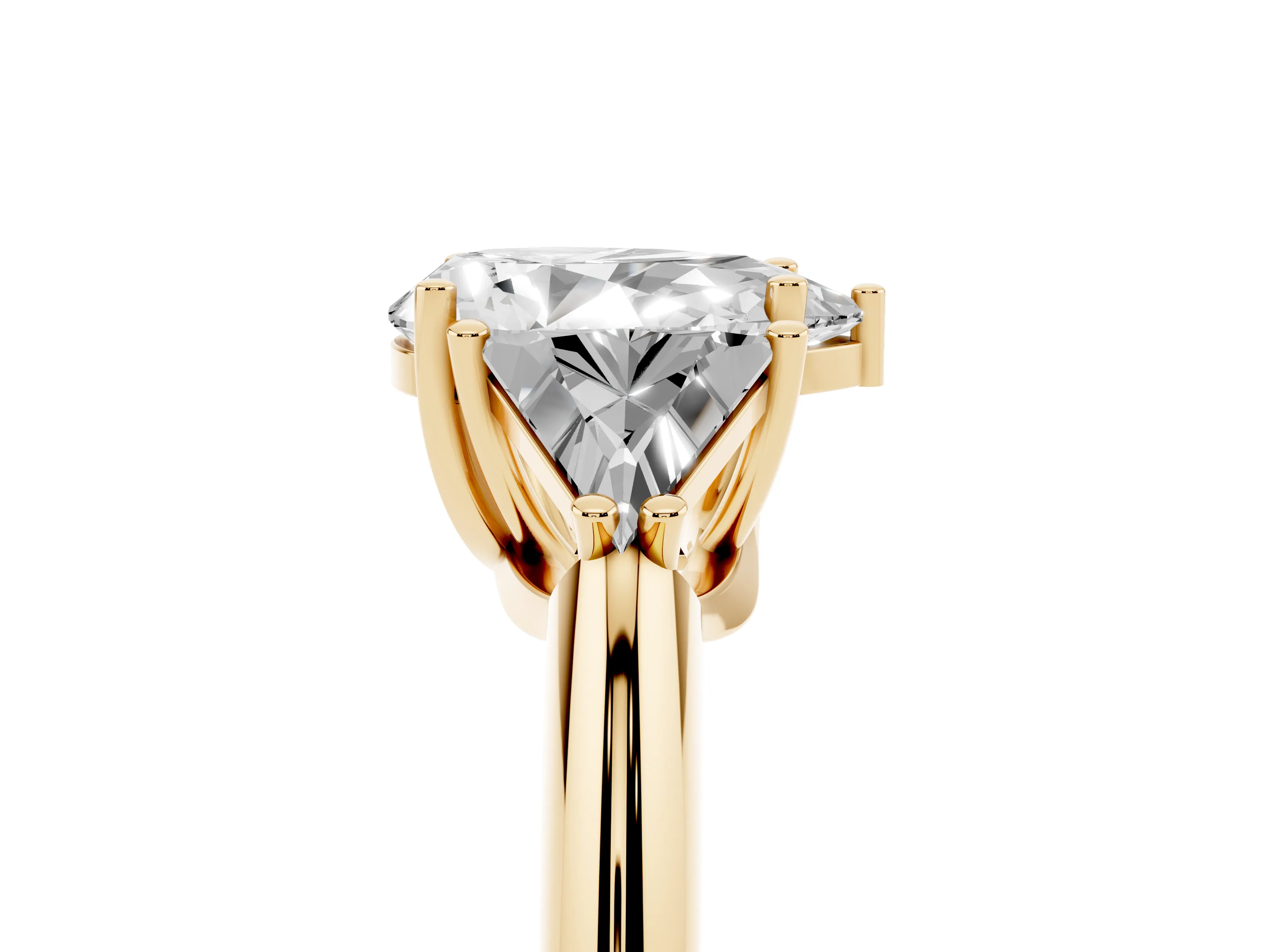 Pear Cut Diamond Three-Stone Engagement Ring Set in Yellow gold with Trillion Side Stones