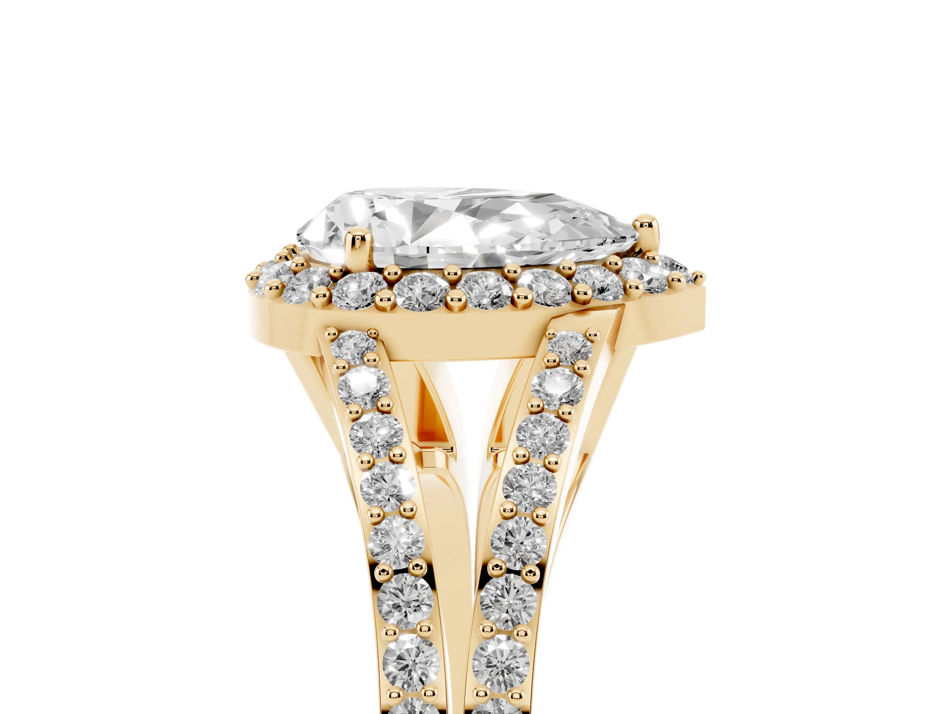 Pear Cut Diamond Halo Split Shank Pavé Ring Set in Yellow gold with Prong Setting