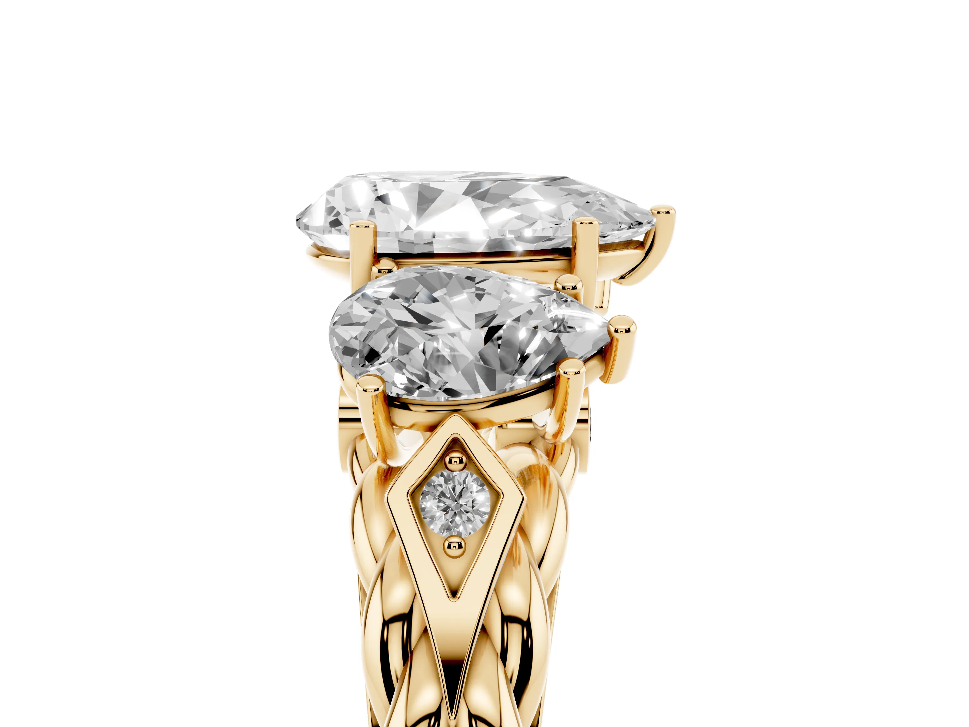 Pear Cut Diamond Three-Stone Ring Set in Yellow gold with Braided Band