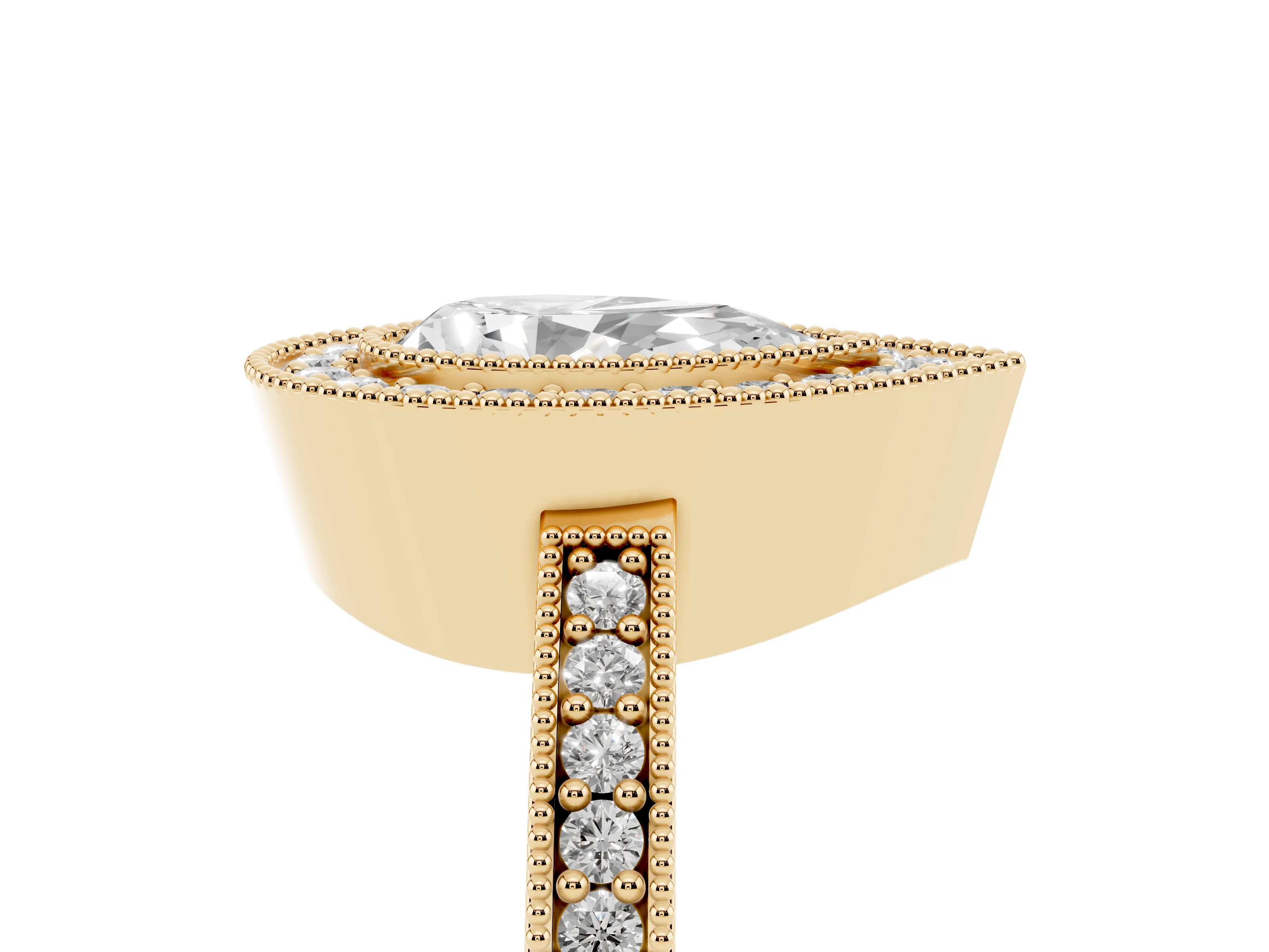 Pear Cut Diamond Halo Engagement Ring Set in Yellow gold with Pavé Band and Round Halo Stones