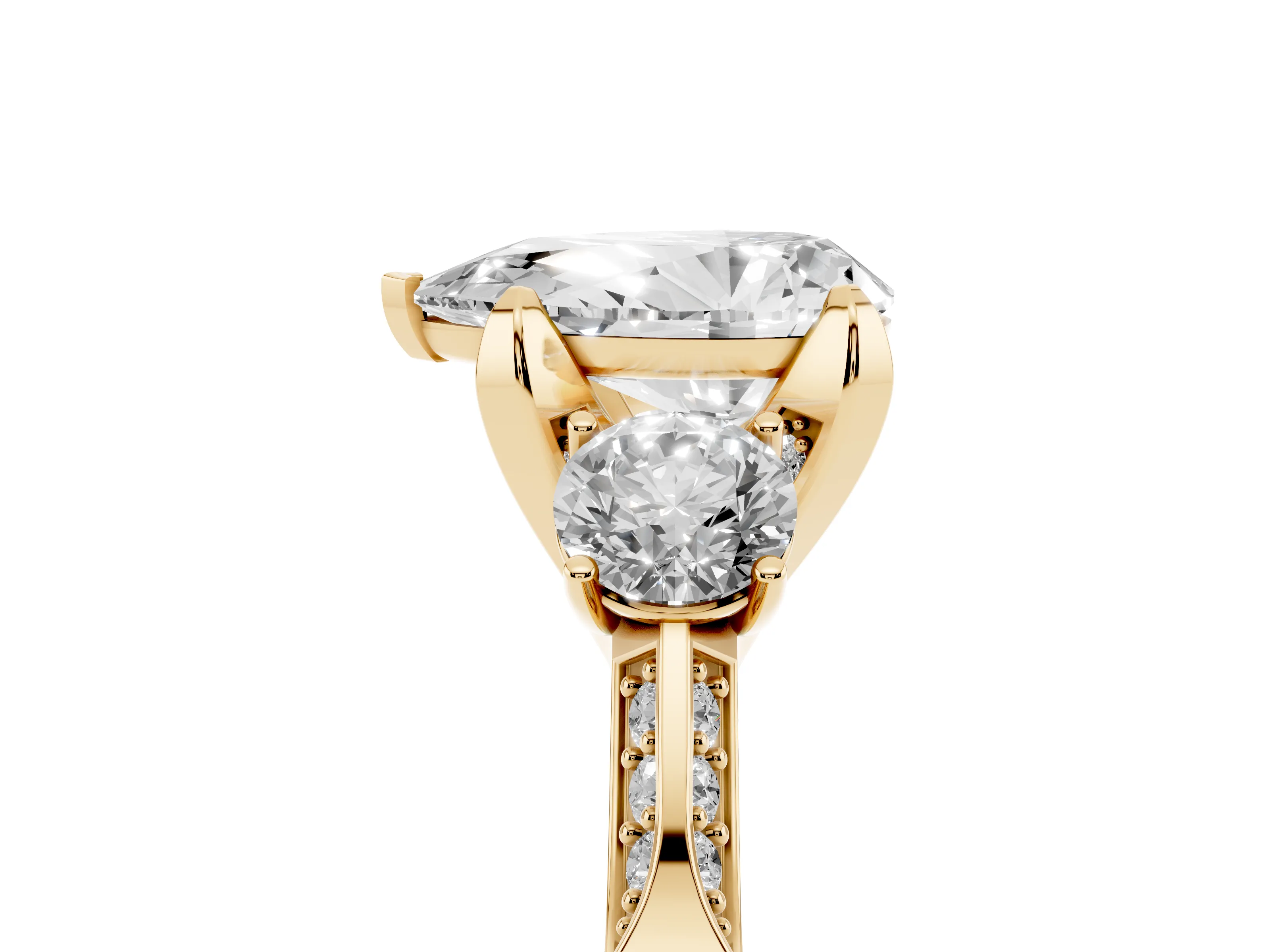 Pear Cut Diamond Three-Stone Ring Set in Yellow gold with Pavé Band and Smaller Side Stones