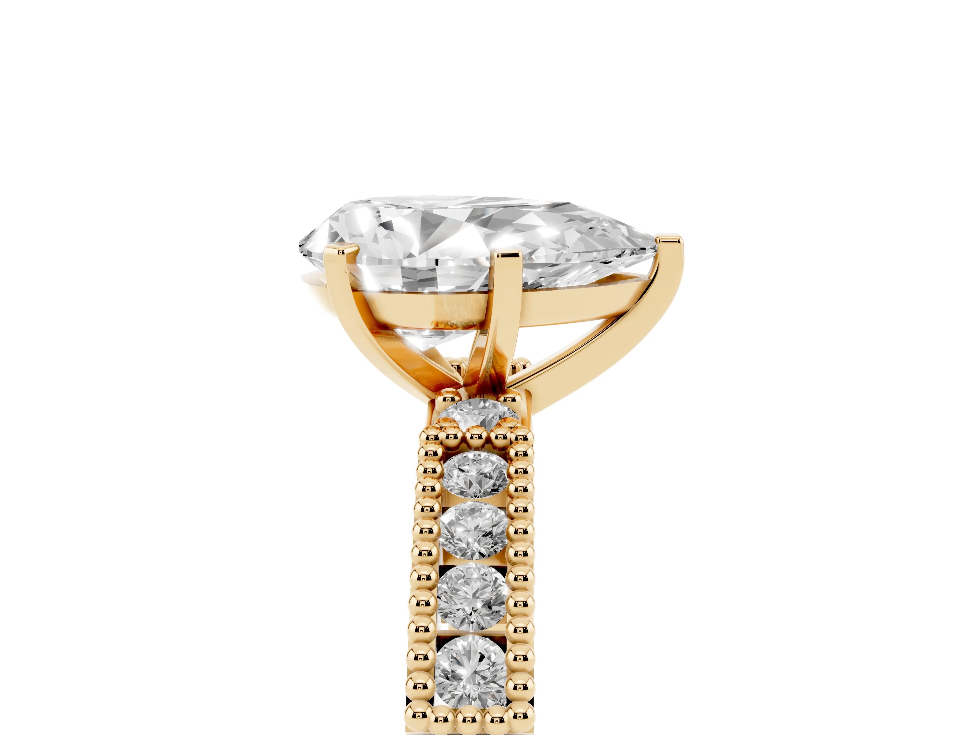 Pear Cut Diamond Solitaire Ring Set in Yellow gold with Slim Pavé Band and Prong Setting