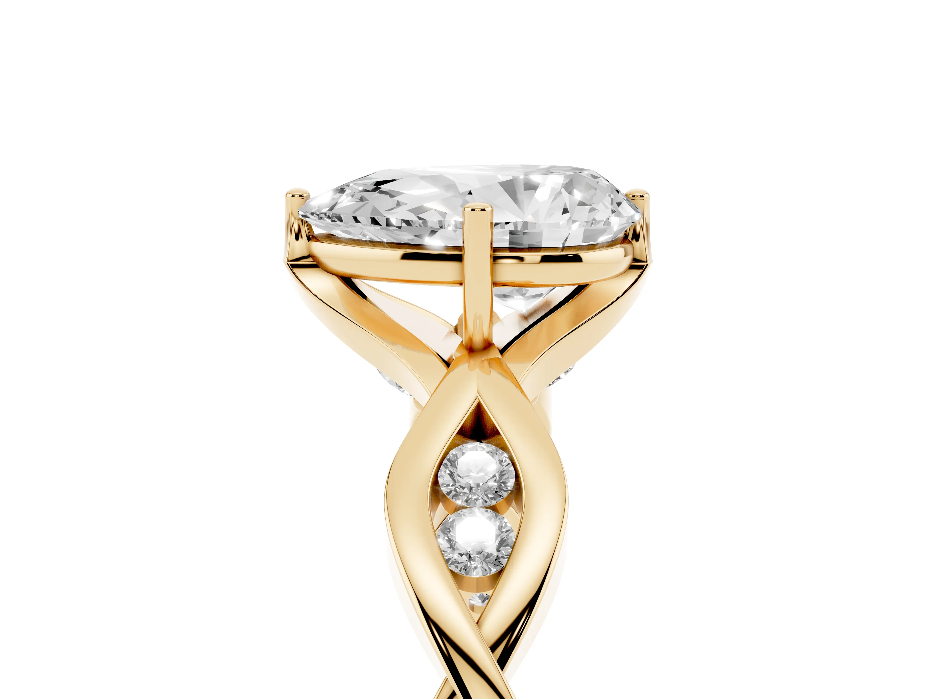 Pear Cut Diamond Twist Band Solitaire Ring Set in Yellow gold with Leaf Prong Setting and Accent Stones