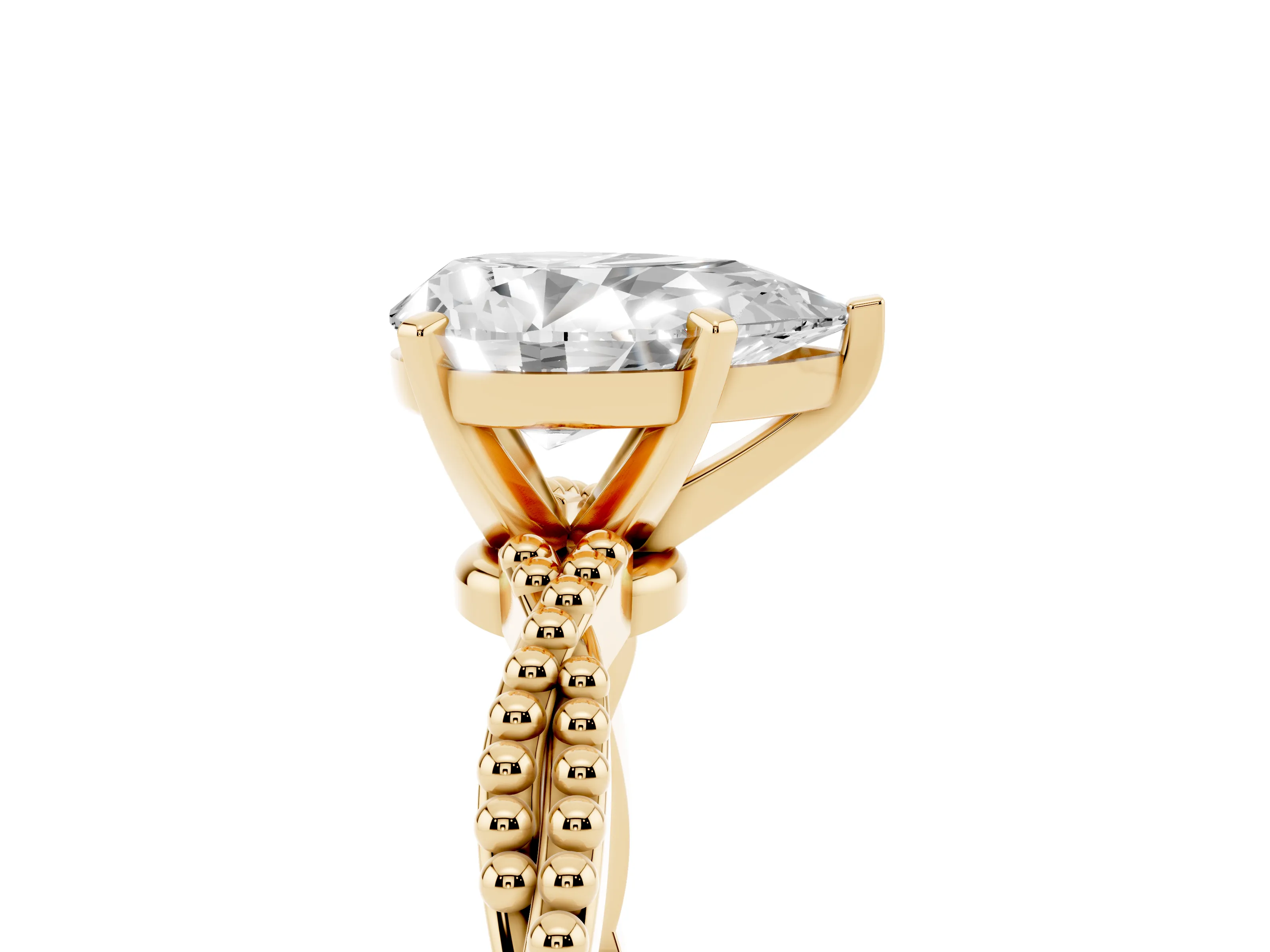 Pear Cut Diamond Solitaire Ring Set in Yellow gold with Twisted Band and Bead Prong Setting