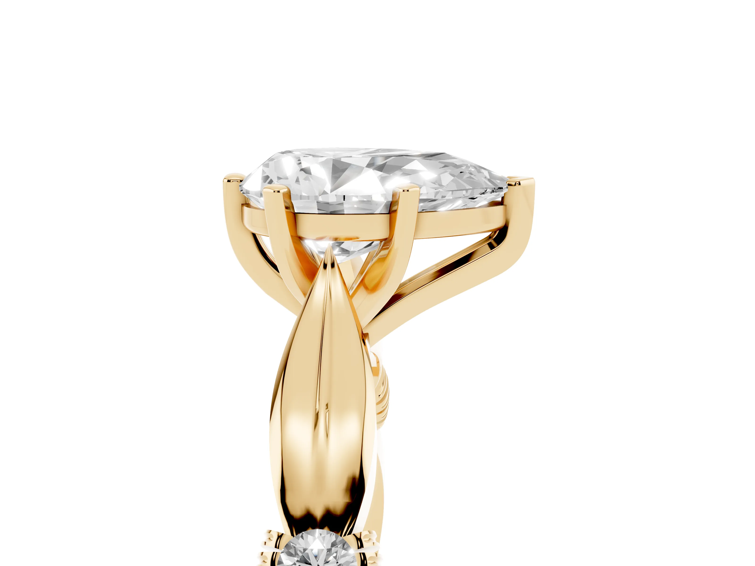 Pear Cut Diamond Solitaire Twisted Band Ring Set in Yellow gold with Accent Stones and Prong Setting