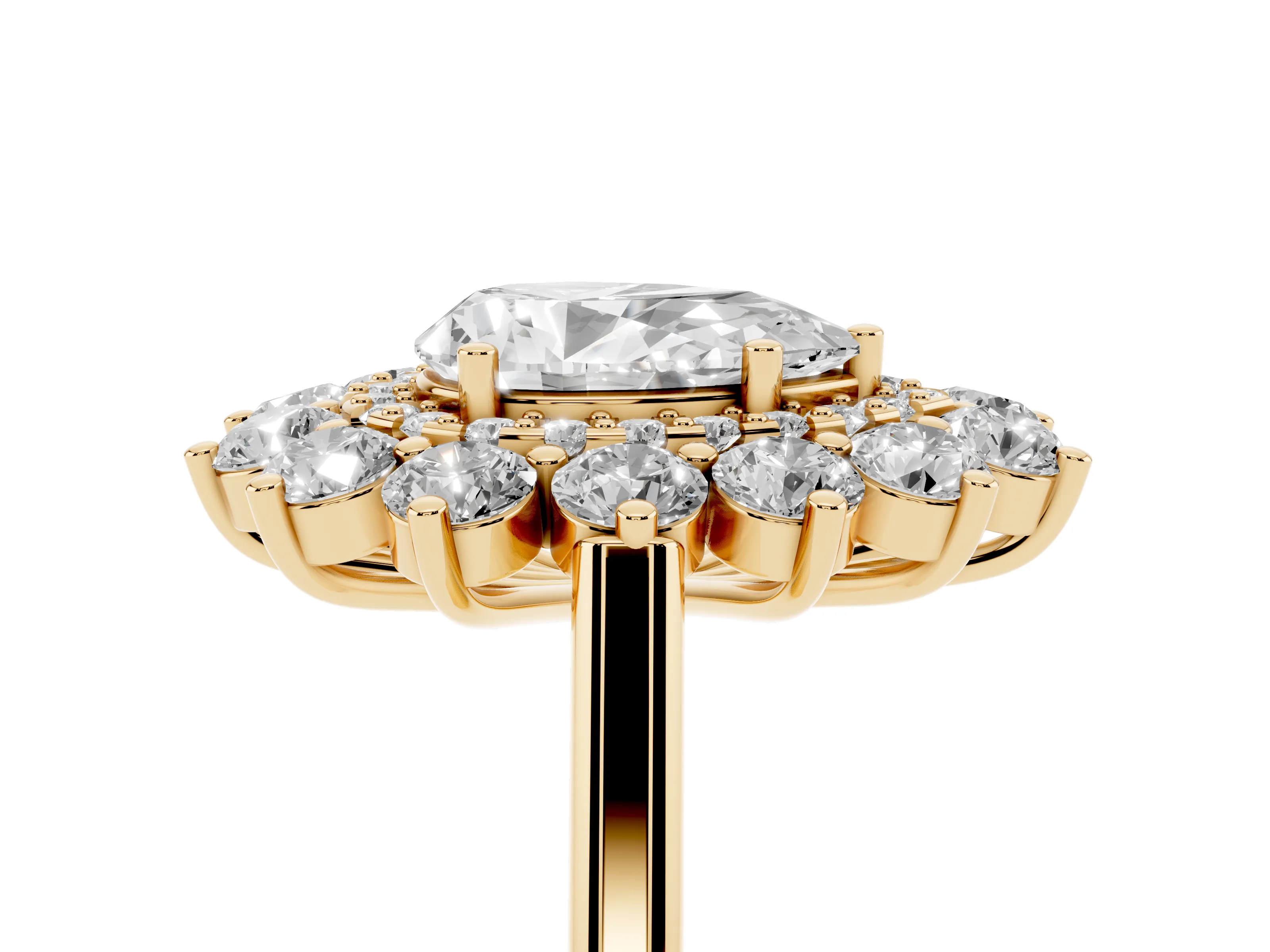 Pear Cut Diamond Floral Double Halo Ring Set in Yellow gold with Round Petals