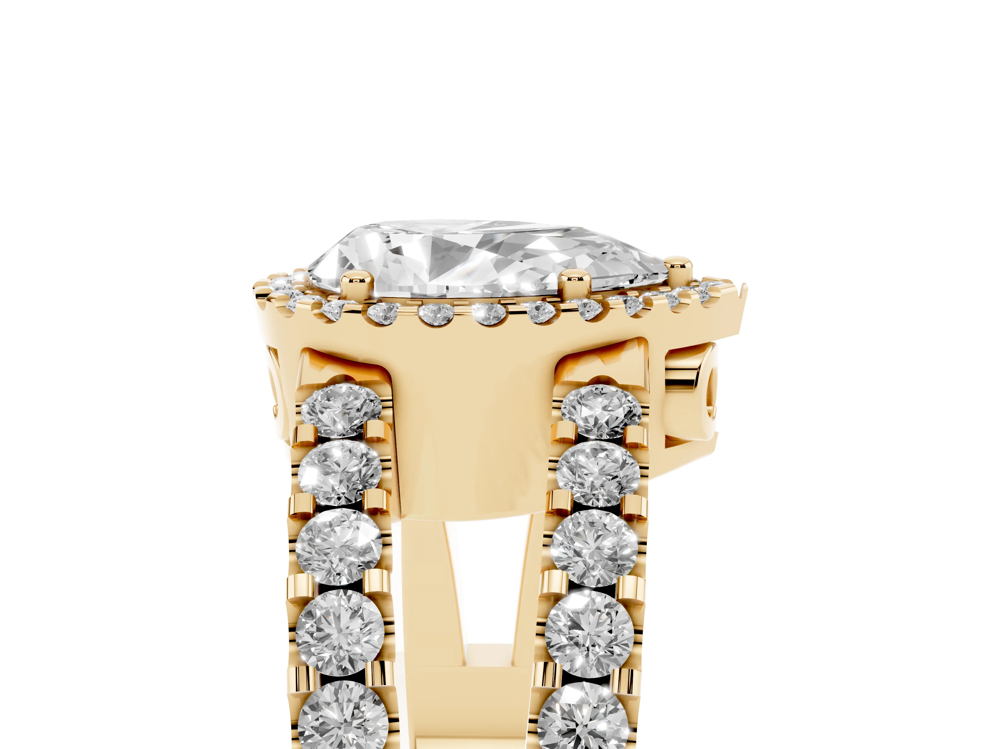 Pear Cut Diamond Halo Ring Set in Yellow gold with Pavé Split Shank and Prong Setting