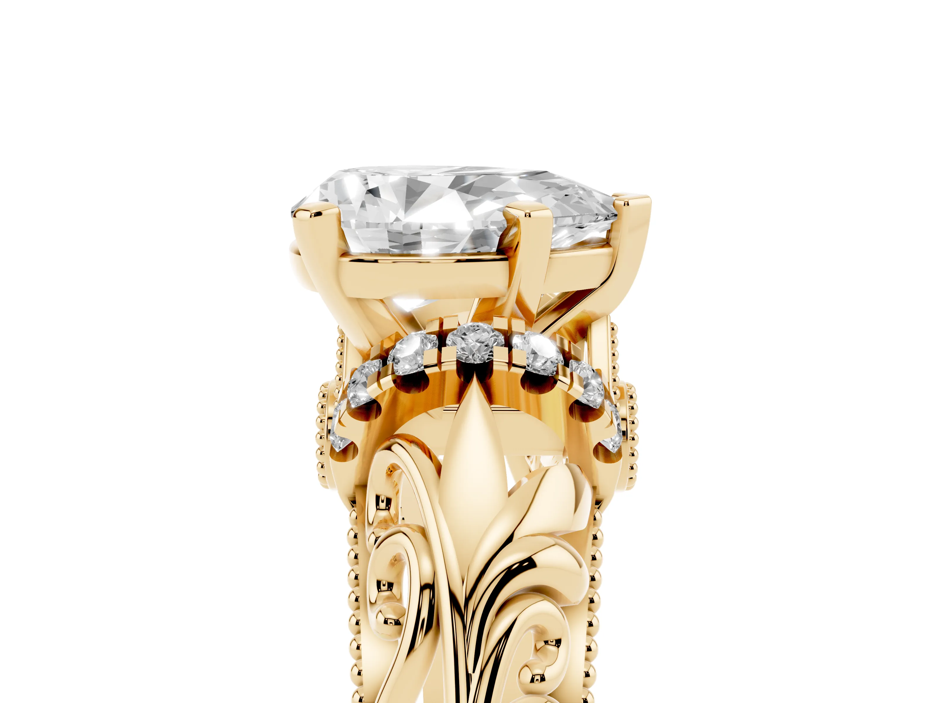 Pear Cut Diamond Filigree Halo Engagement Ring Set in Yellow gold with Prong Setting