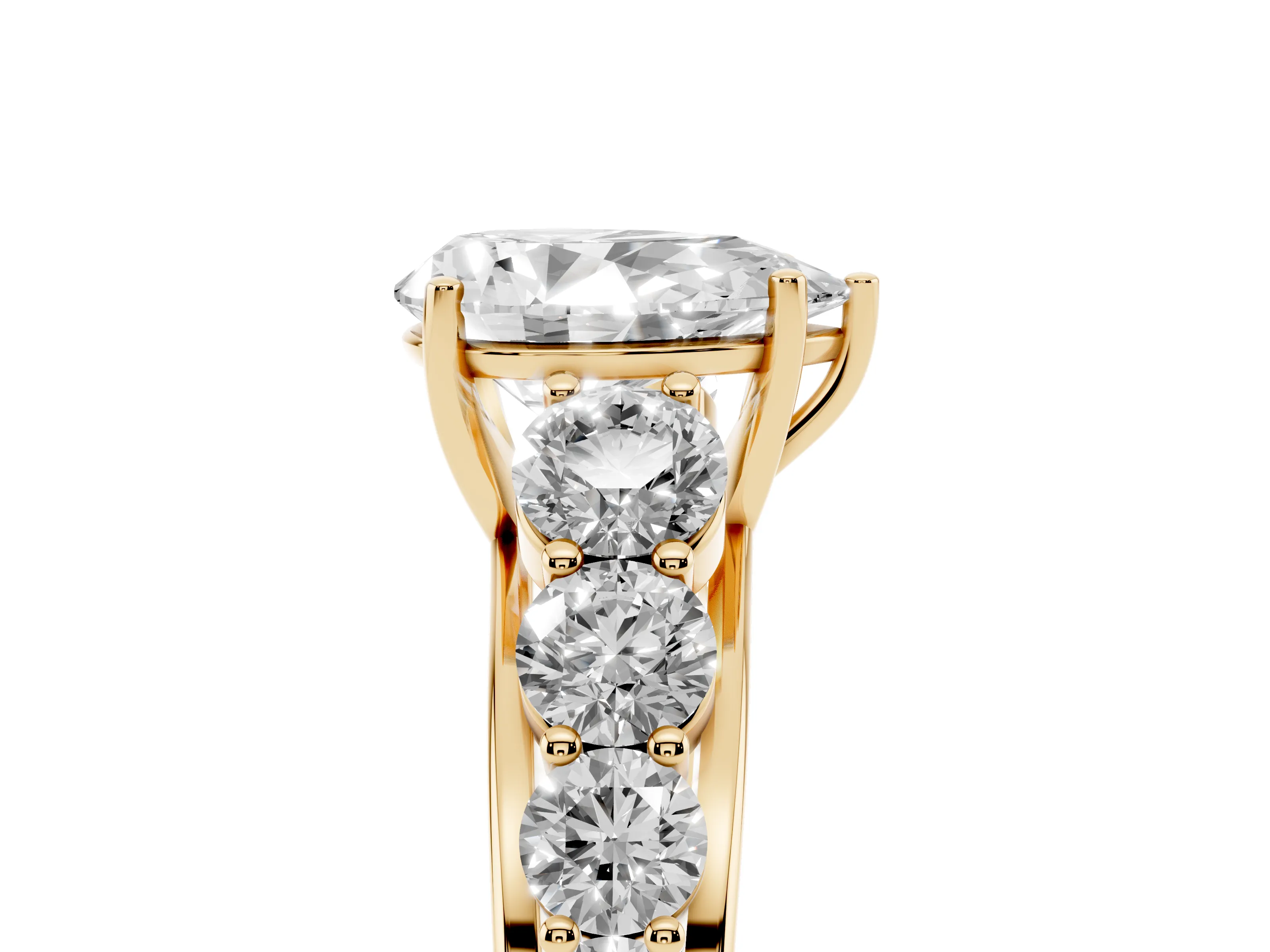 Pear Cut Diamond Solitaire Ring Set in Yellow gold with Pavé-Set Band and Prong Setting