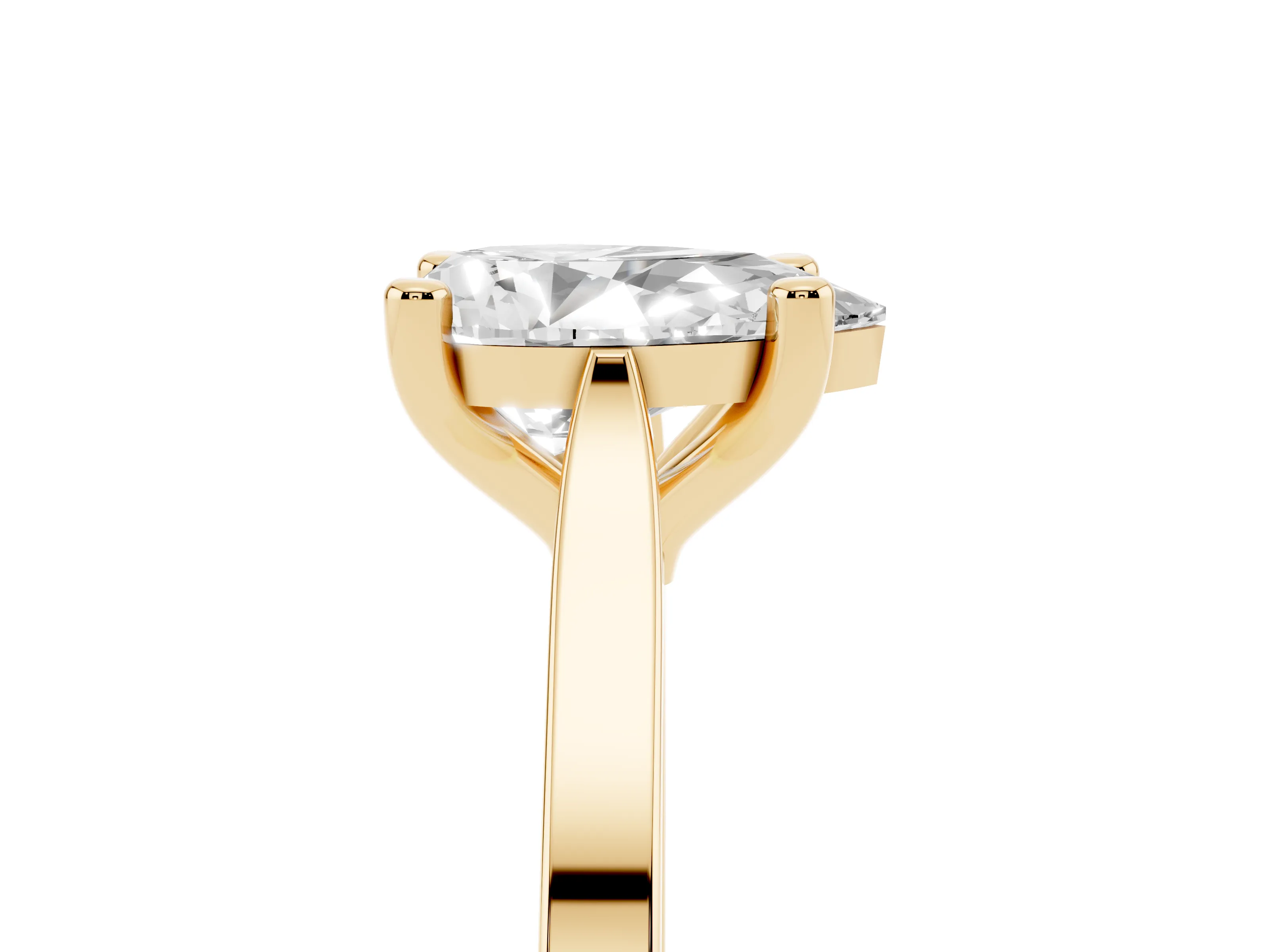 Pear Cut Diamond Solitaire Ring Set in Yellow gold with Prong Setting and Tapered Band